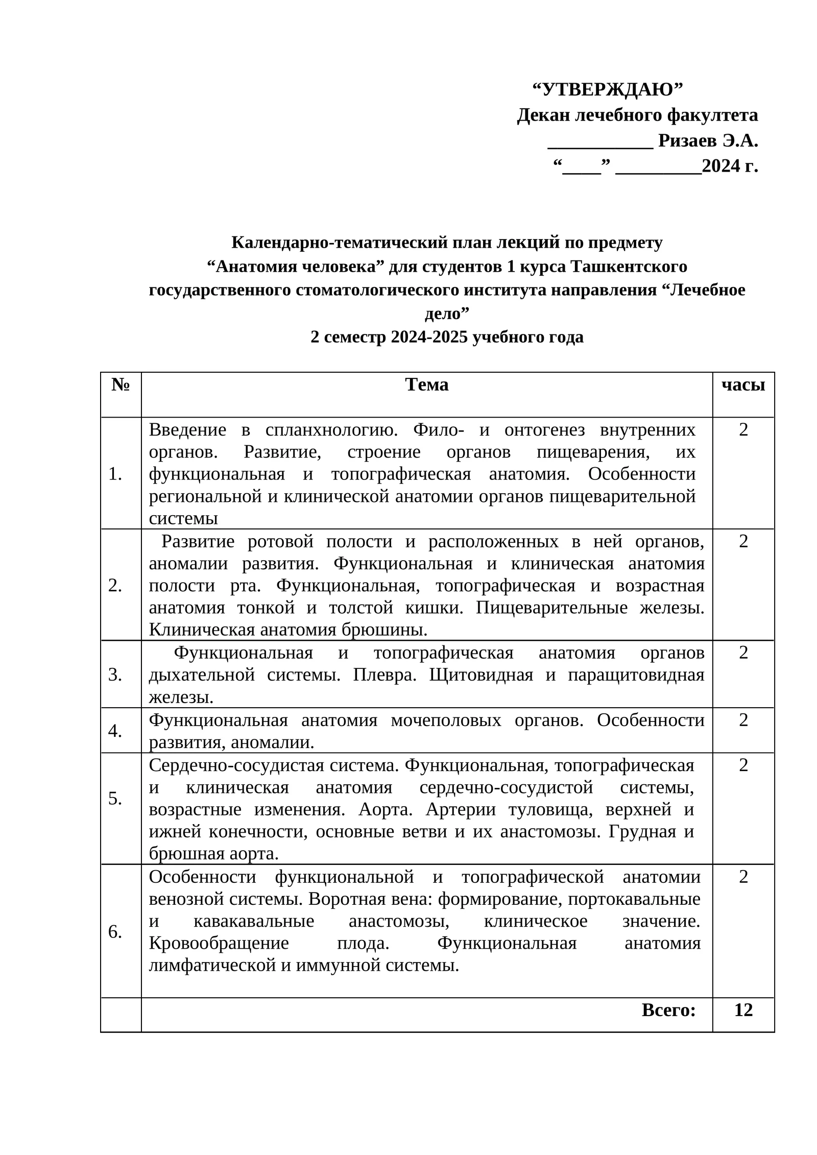 Календарно-тематический план лекций по предмету "Анатомия человека" для студентов 1 курса Ташкентского государственного стоматологического института направления "Лечебное дело"