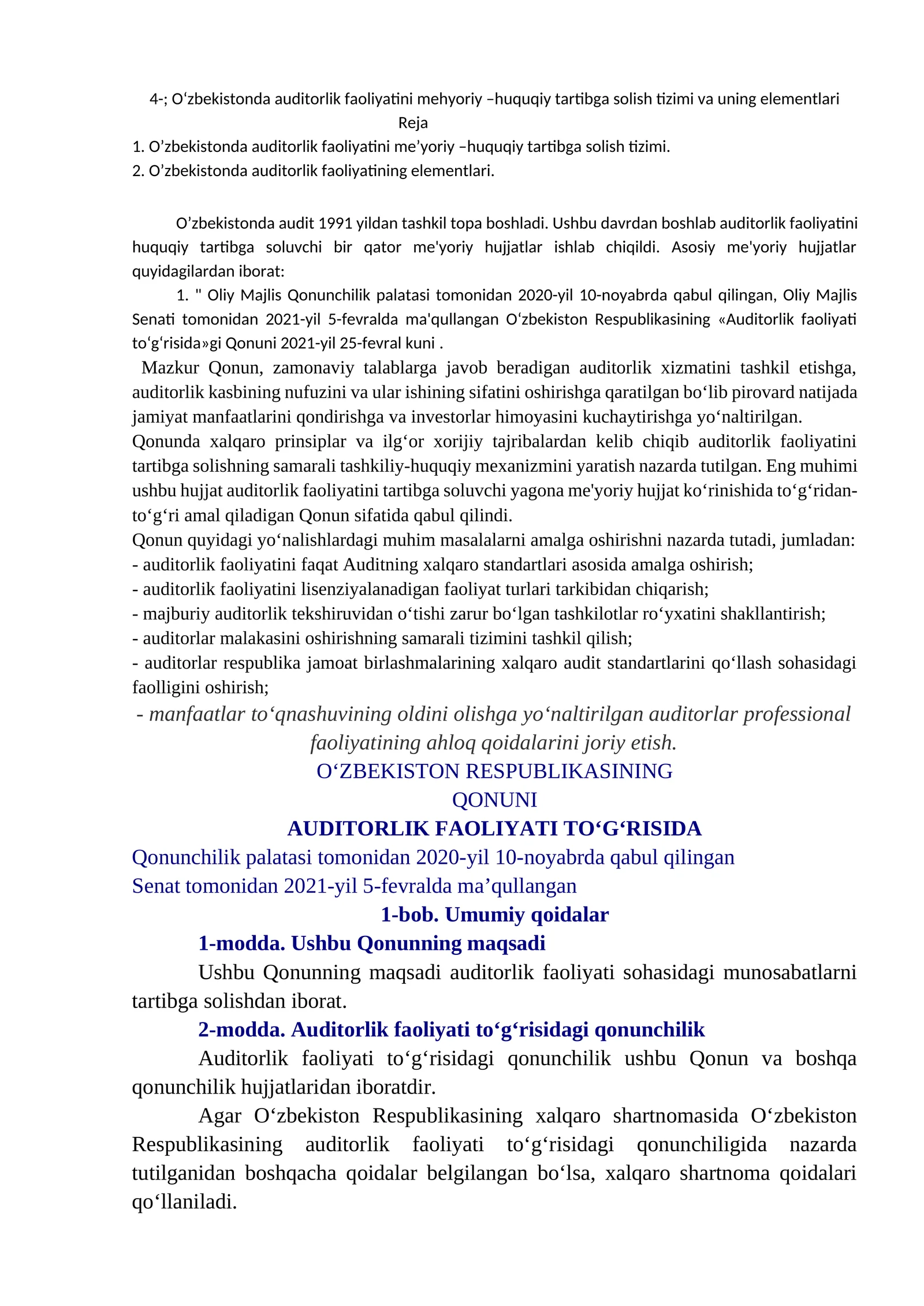 O‘zbekistonda auditorlik faoliyatini mehyoriy –huquqiy tartibga solish tizimi va uning elementlari