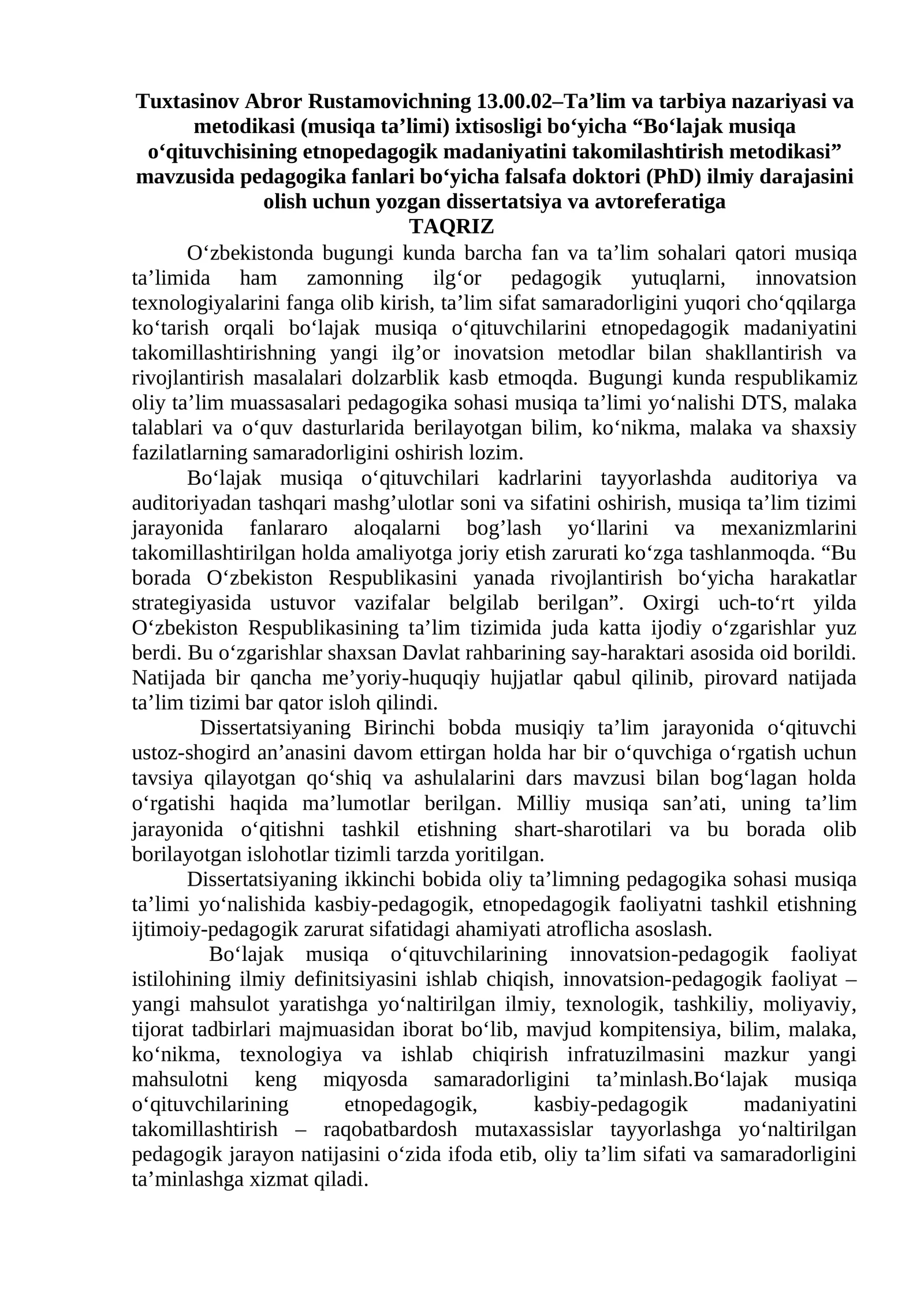 Bo‘lajak musiqa o‘qituvchisining etnopedagogik madaniyatini takomilashtirish metodikasi