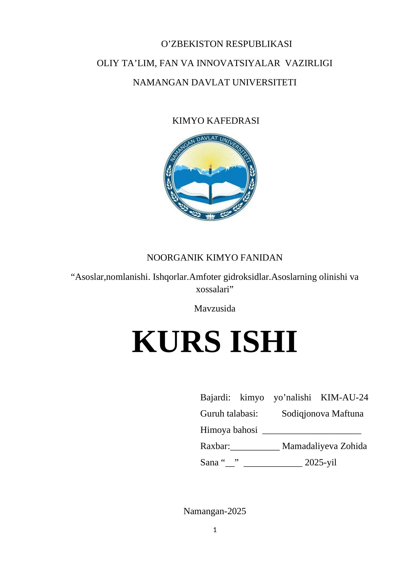 Asoslar,nomlanishi. Ishqorlar.Amfoter gidroksidlar.Asoslarning olinishi va xossalari
