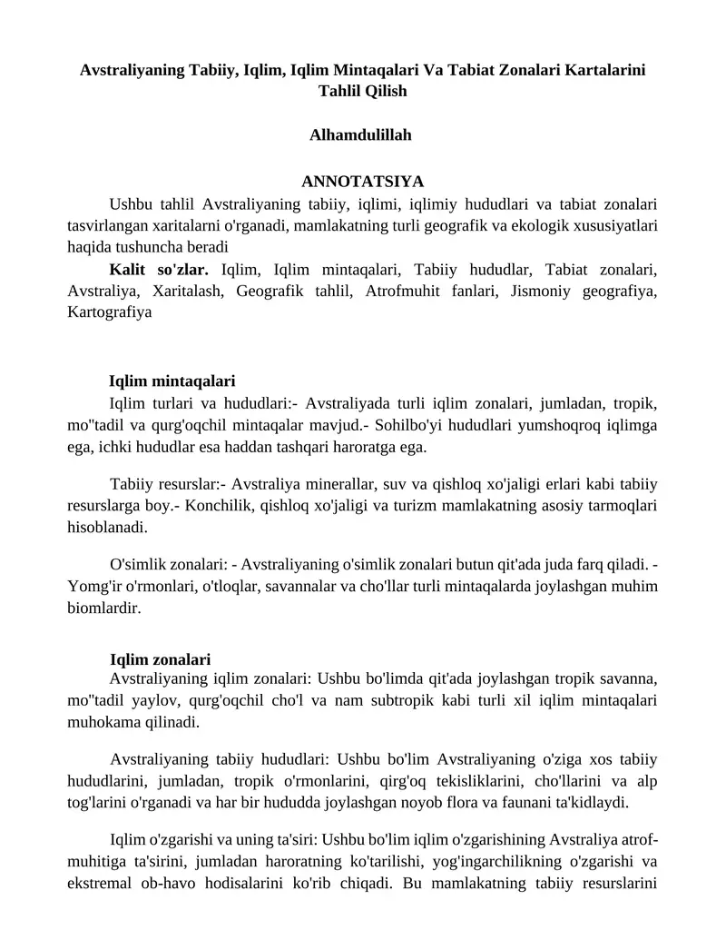 Avstraliyaning Tabiiy, Iqlim, Iqlim Mintaqalari Va Tabiat Zonalari Kartalarini Tahlil Qilish
