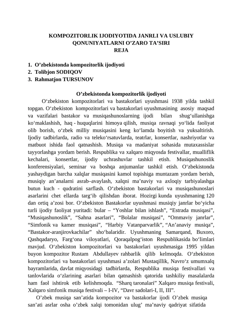 KOMPOZITORLIK IJODIYOTIDA JANRLI VA USLUBIY QONUNIYATLARNI O’ZARO TAʼSIRI