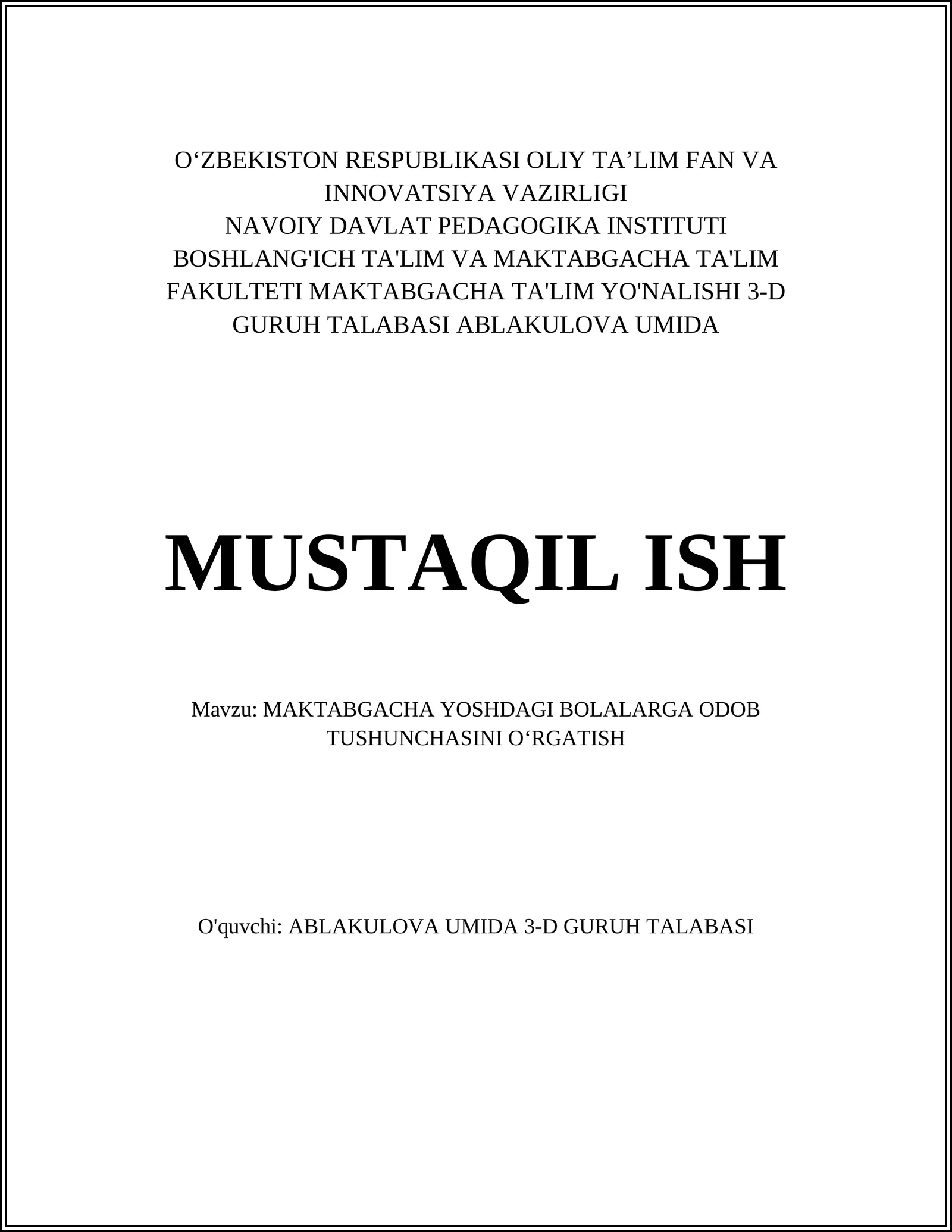 MAKTABGACHA YOSHDAGI BOLALARGA ODOB TUSHUNCHASINI OʻRGATISH
