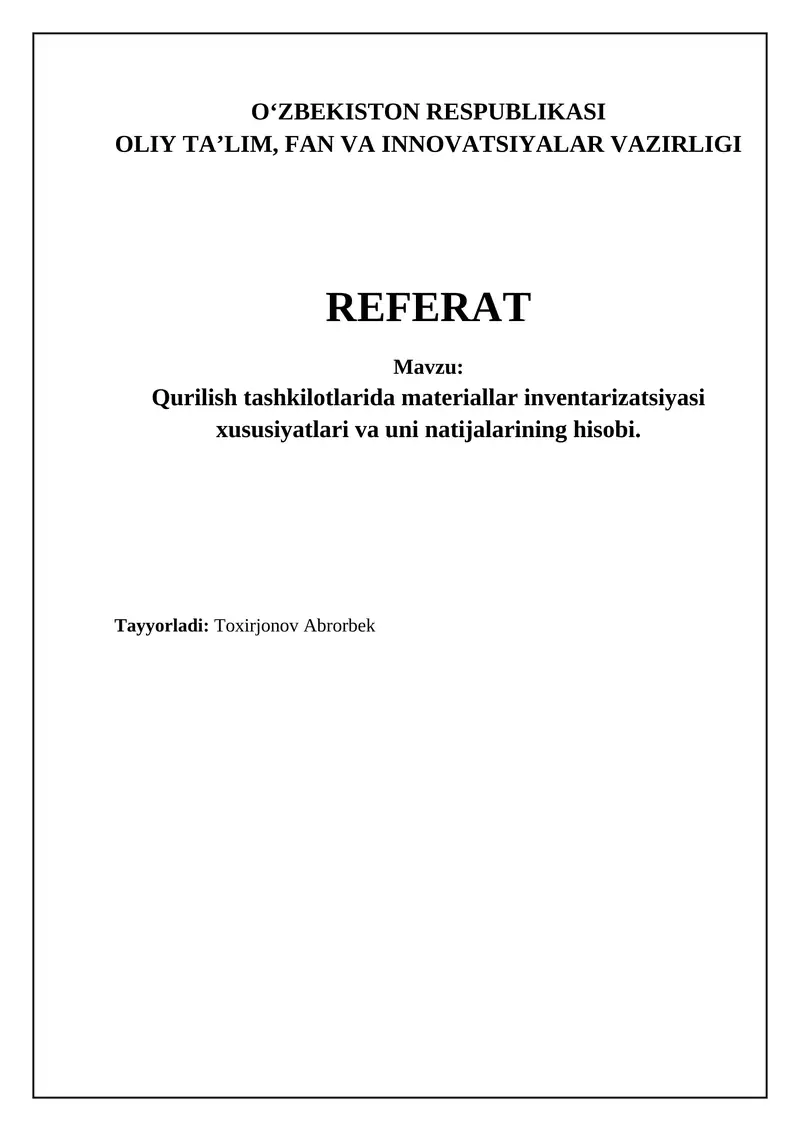 Qurilish Tashkilotlarida Materiallar Inventarizatsiyasi