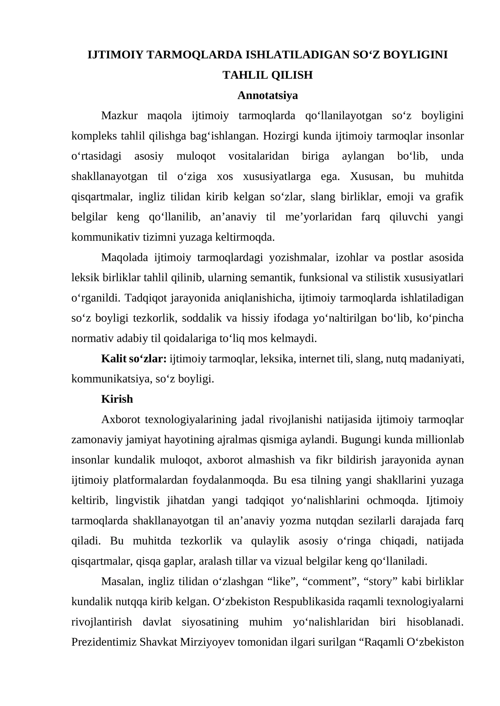 IJTIMOIY TARMOQLARDA ISHLATILADIGAN SO‘Z BOYLIGINI TAHLIL QILISH