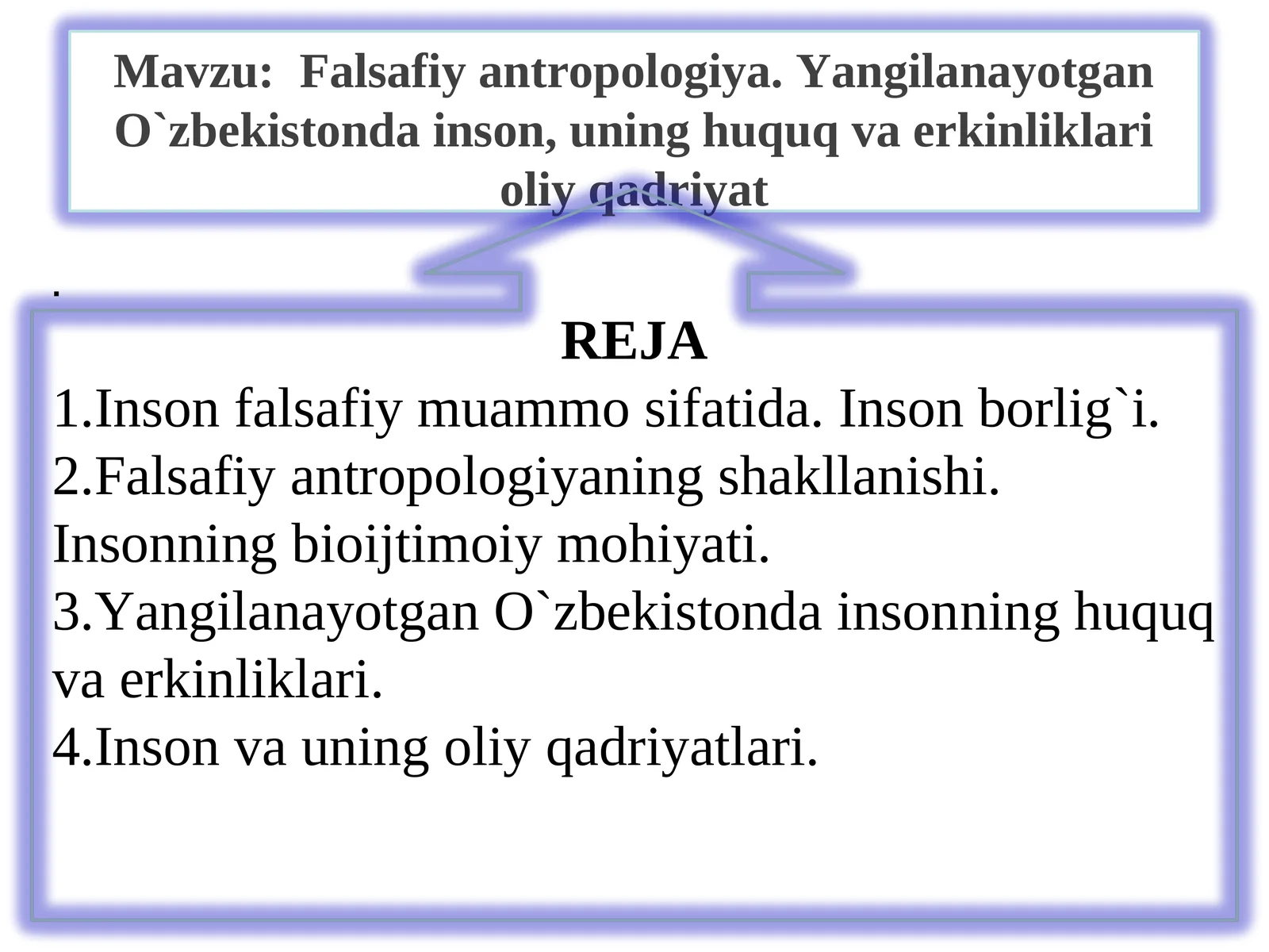 Falsafiy antropologiya. Yangilanayotgan O`zbekistonda inson, uning huquq va erkinliklari oliy qadriyat