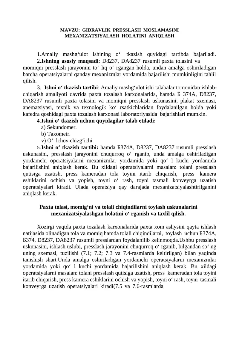 GIDRAVLIK PRЕSSLASH MOSLAMASINI MЕXANIZATSIYALASH HOLATINI ANIQLASH