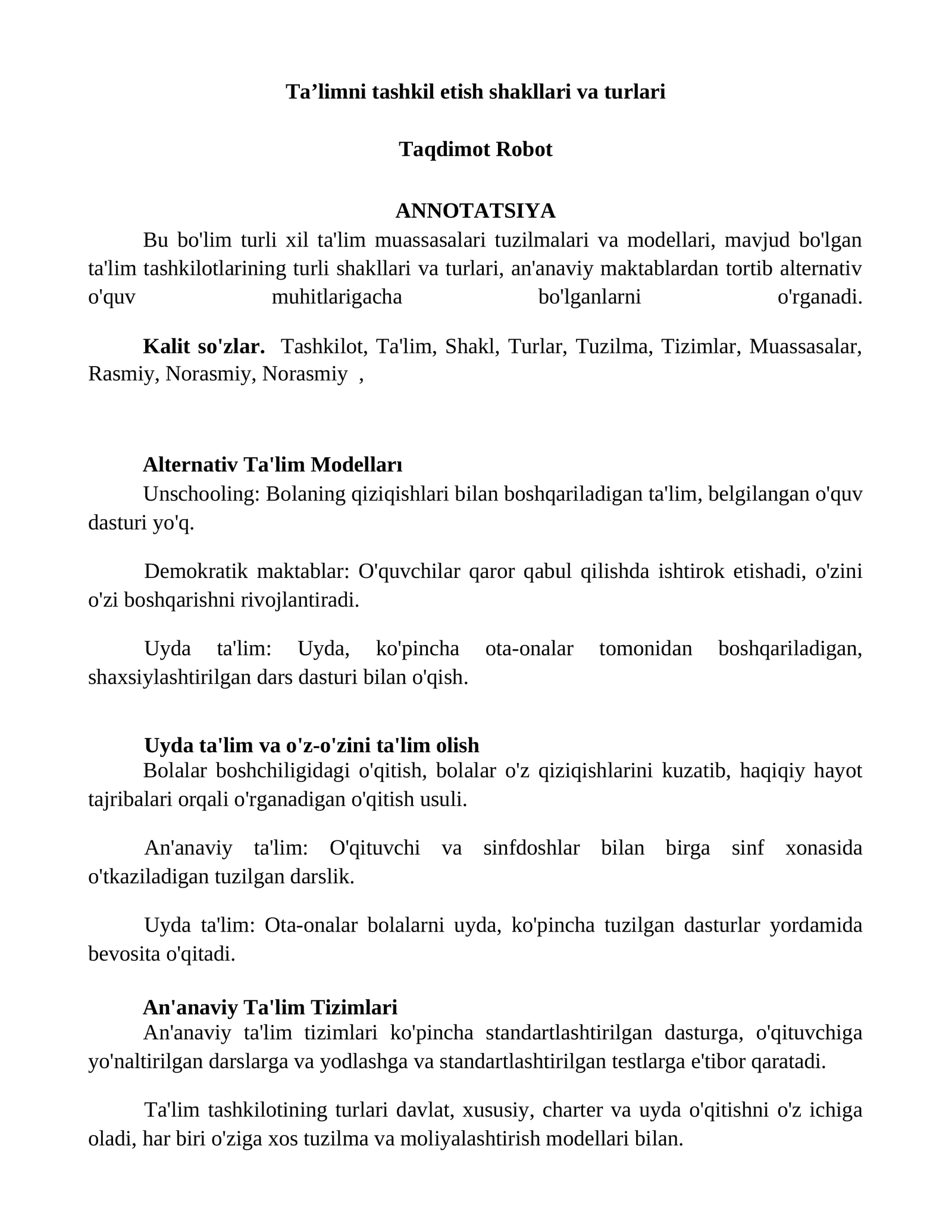 Alternativ Ta'lim Modelları