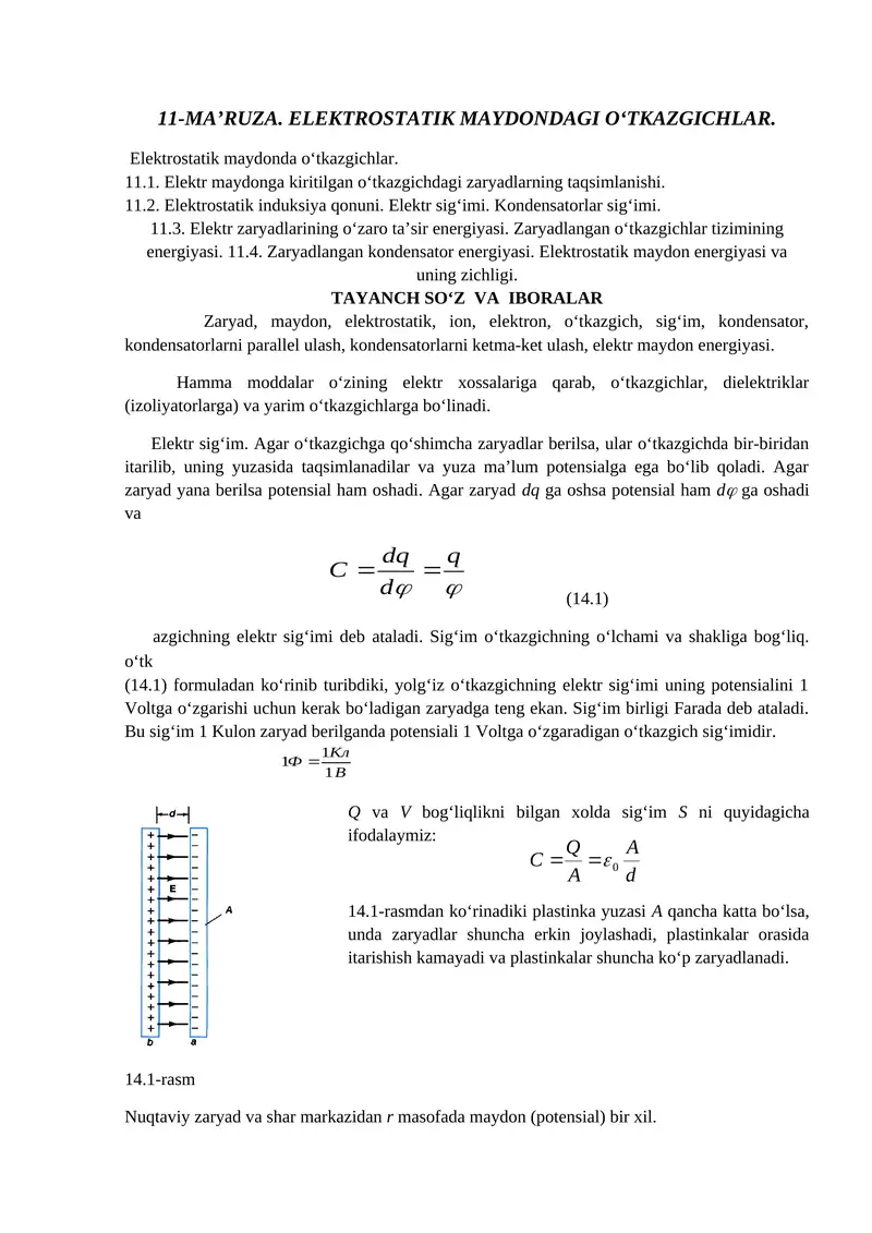 Elektrostatik maydondagi o‘tkazgichlar