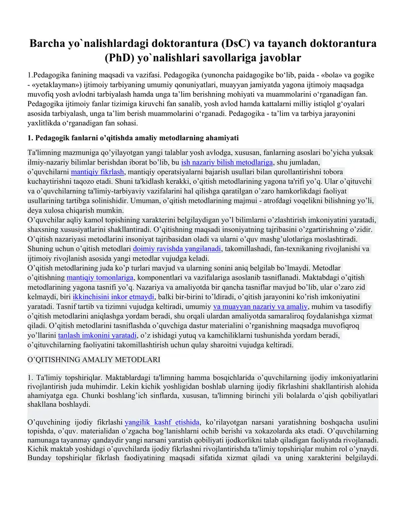 doktorantura savollariga javoblar