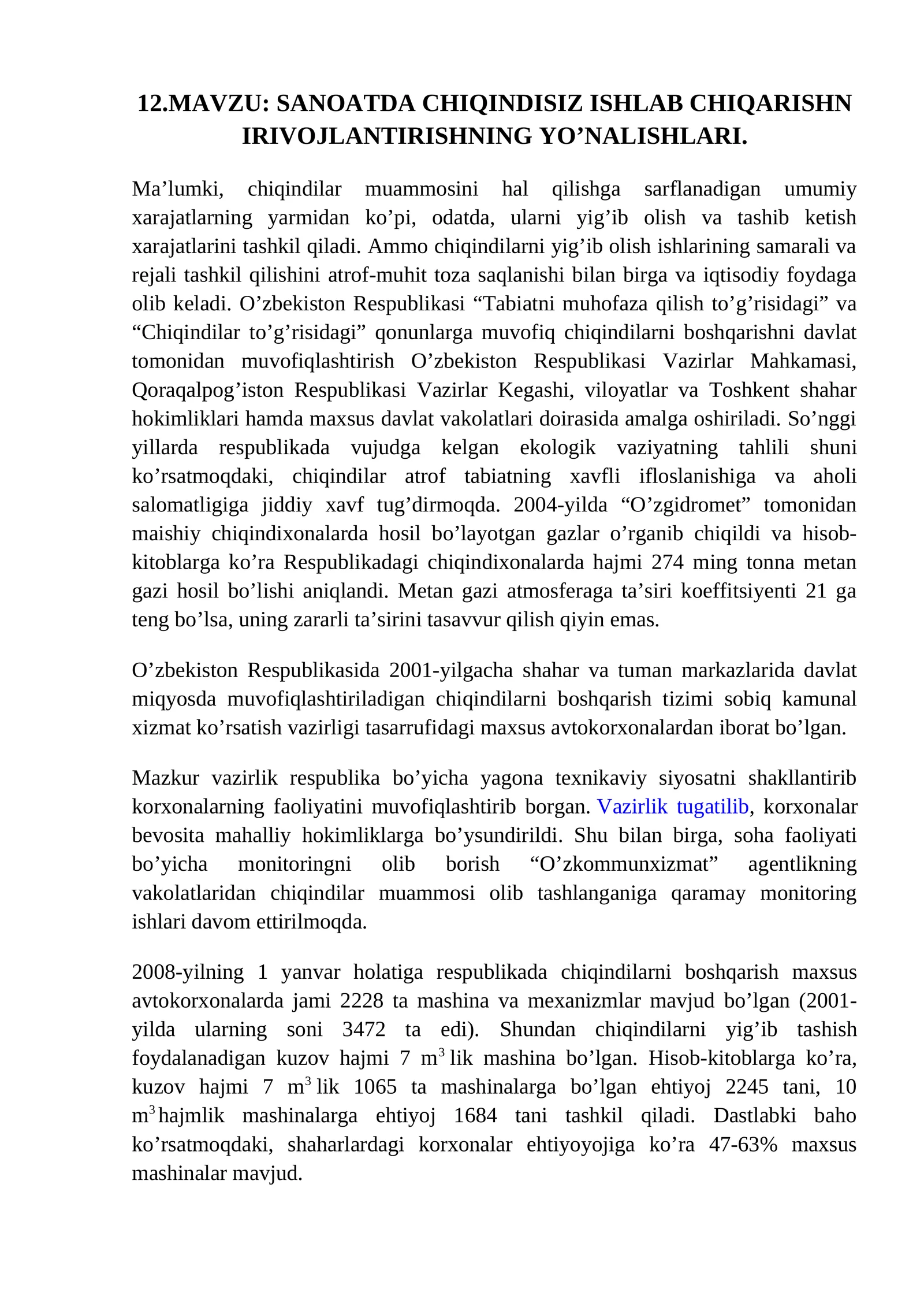 SANOATDA CHIQINDISIZ ISHLAB CHIQARISHN IRIVOJLANTIRISHNING YO’NALISHLARI