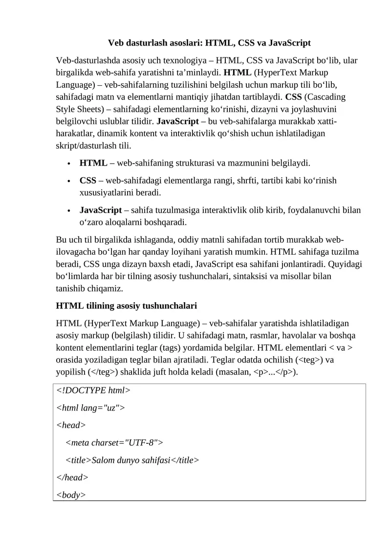 Veb dasturlash asoslari: HTML, CSS va JavaScript