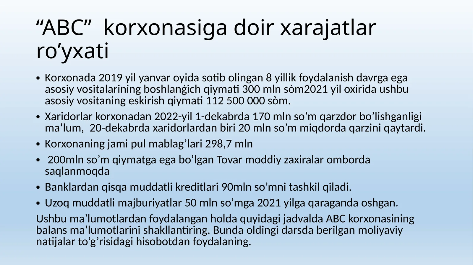 “ABC” korxonasiga doir xarajatlar ro’yxati