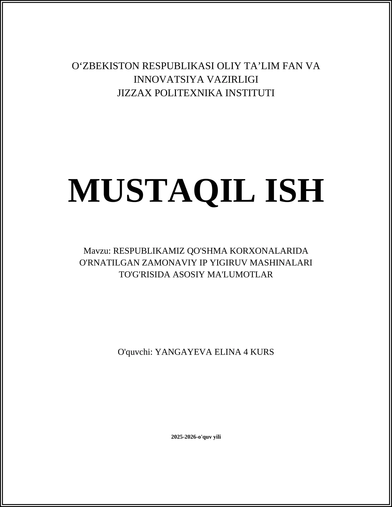 RESPUBLIKAMIZ QO'SHMA KORXONALARIDA O'RNATILGAN ZAMONAVIY IP YIGIRUV MASHINALARI TO'G'RISIDA ASOSIY MA'LUMOTLAR