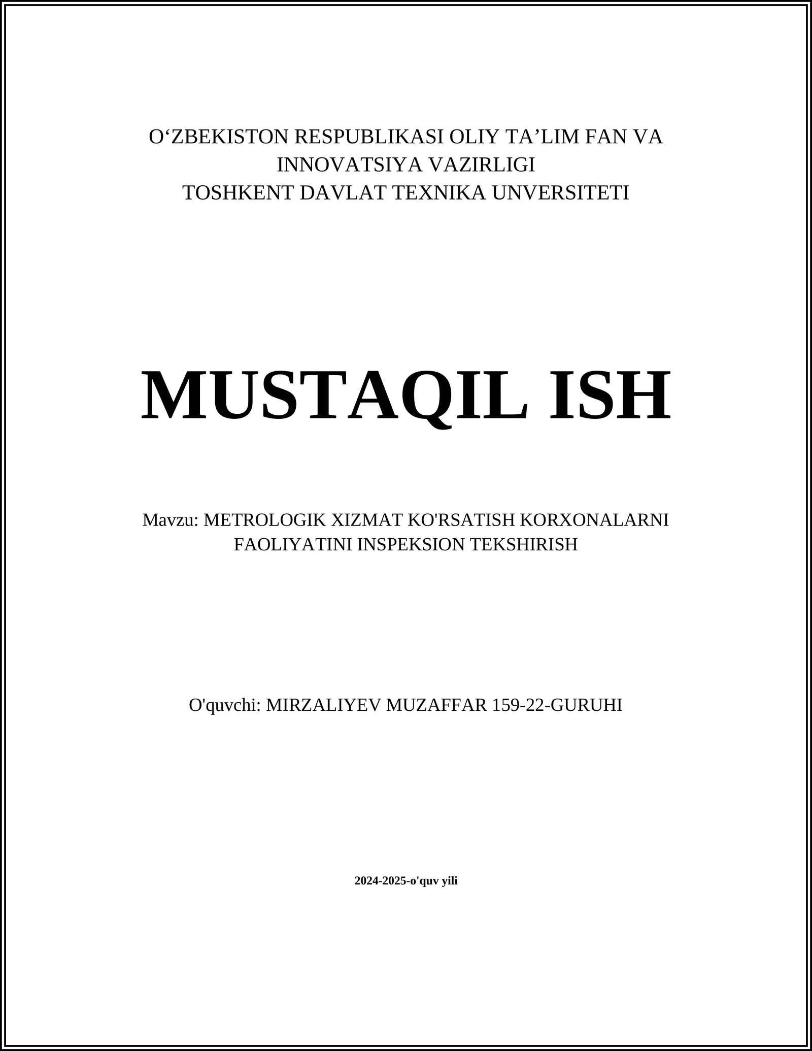 METROLOGIK XIZMAT KO'RSATISH KORXONALARNI FAOLIYATINI INSPEKSION TEKSHIRISH