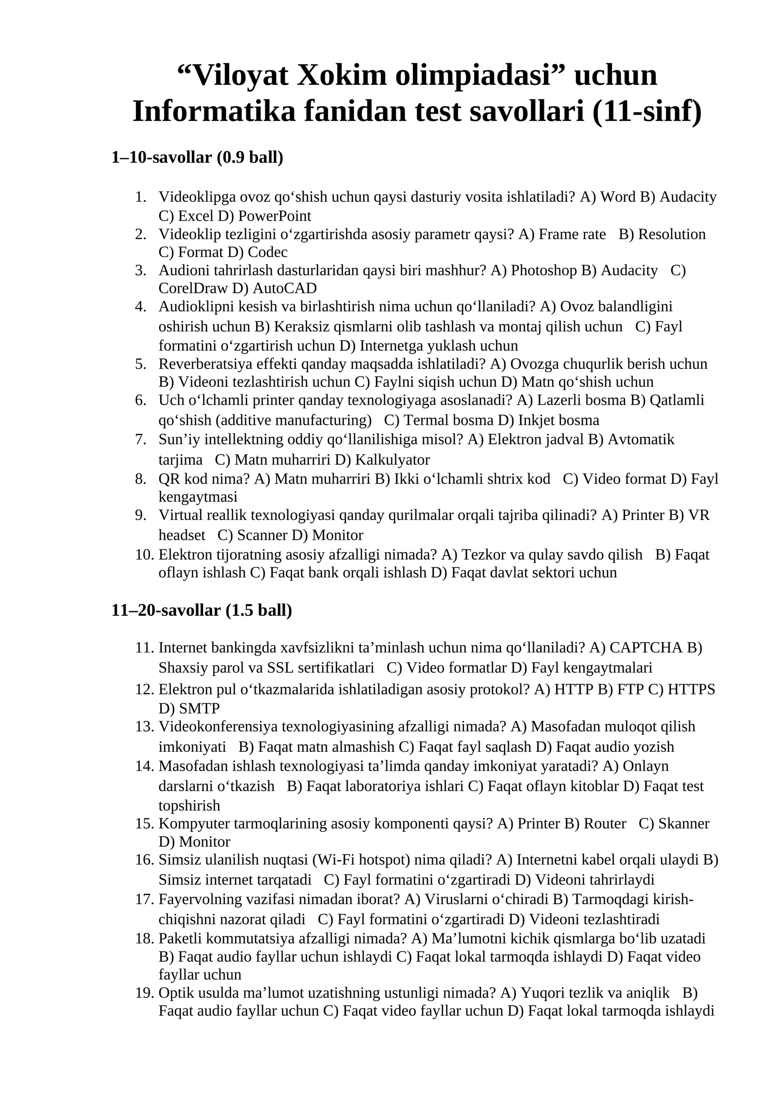 “Viloyat Xokim olimpiadasi” uchun Informatika fanidan test savollari (11-sinf)