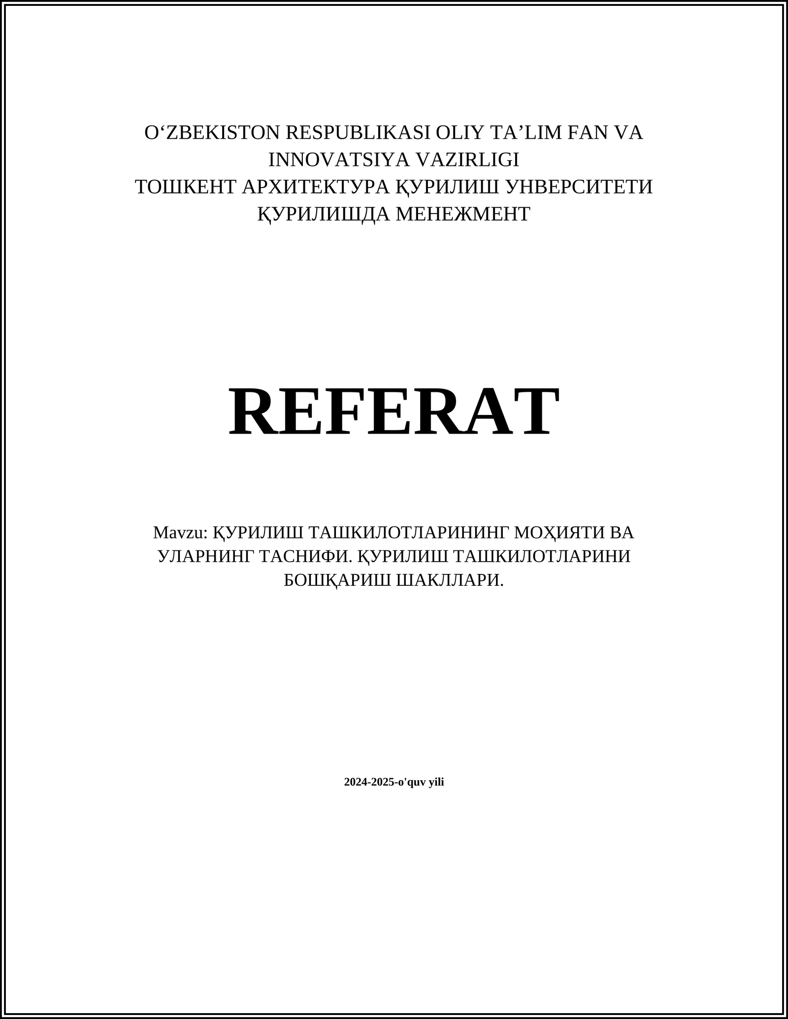 ҚУРИЛИШДА МЕНЕЖМЕНТ REFERAT