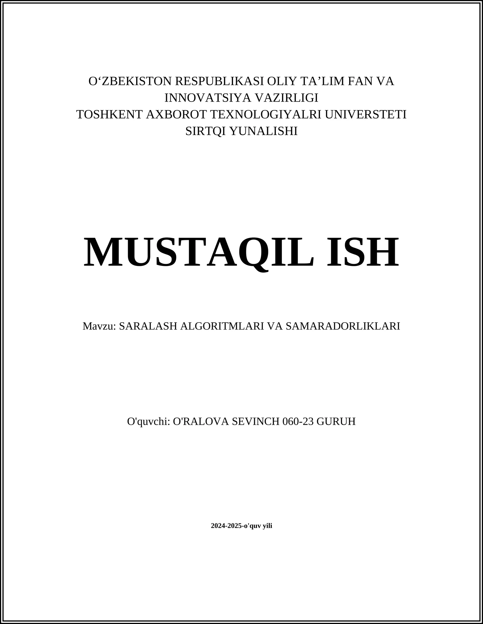 SARALASH ALGORITMLARI VA SAMARADORLIKLARI