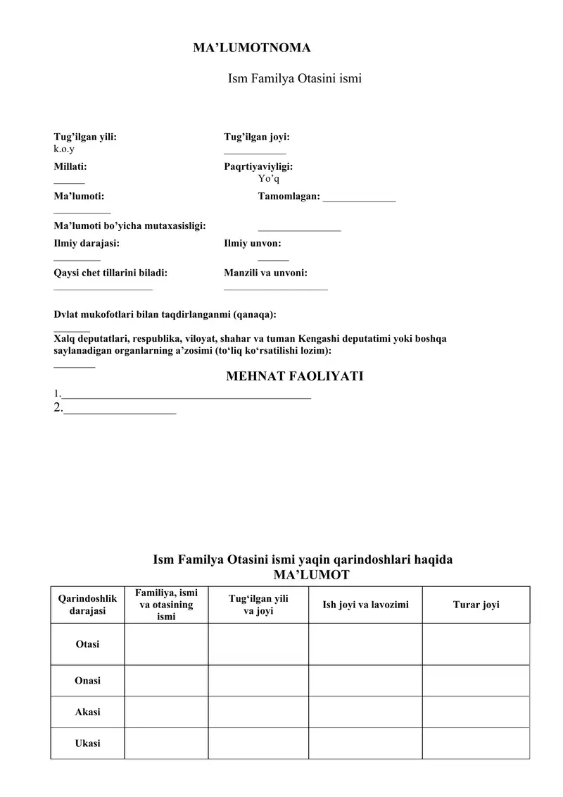 CV Rezyume Ishga kirish uchun namuna