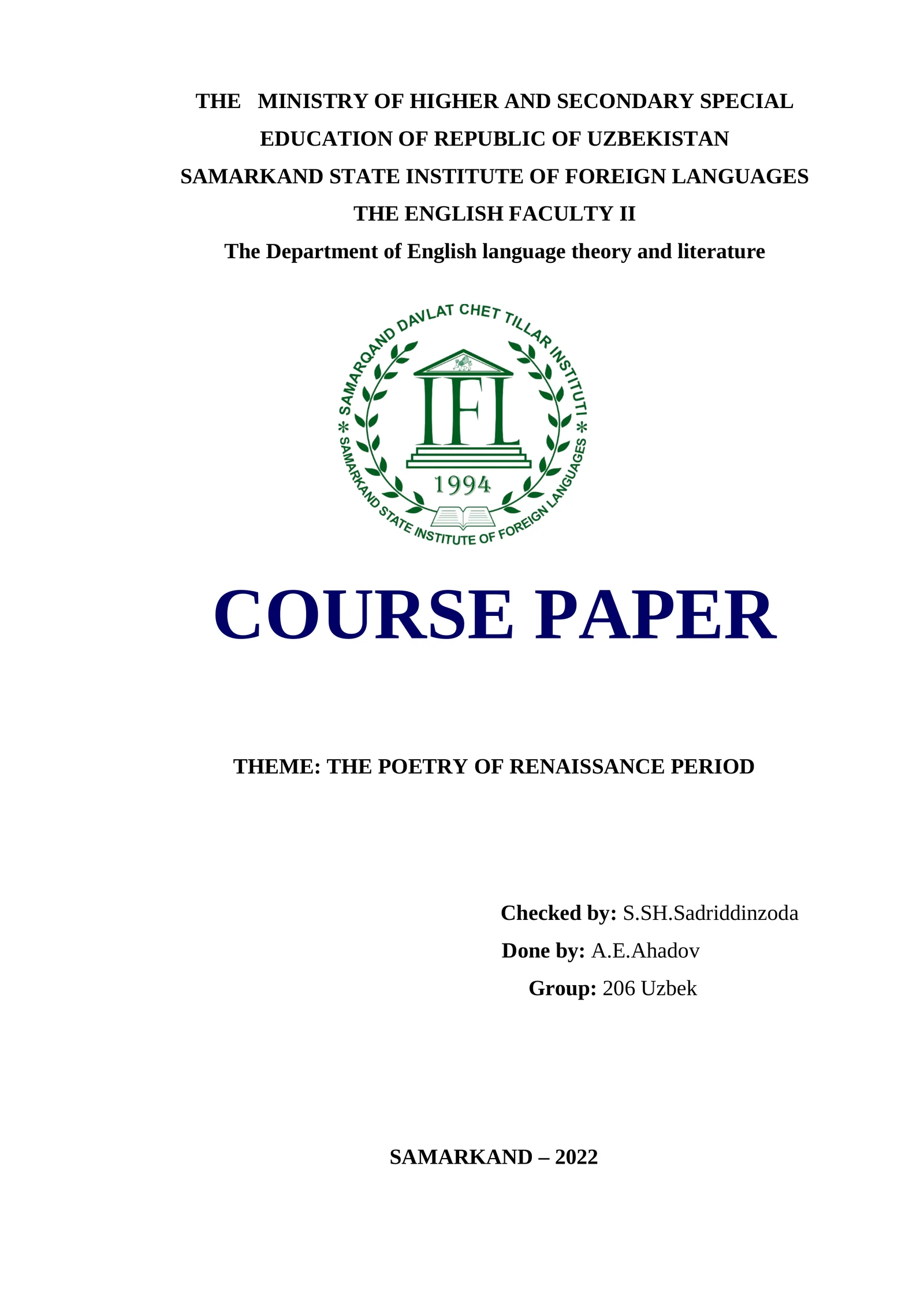 THE POETRY OF RENAISSANCE PERIOD