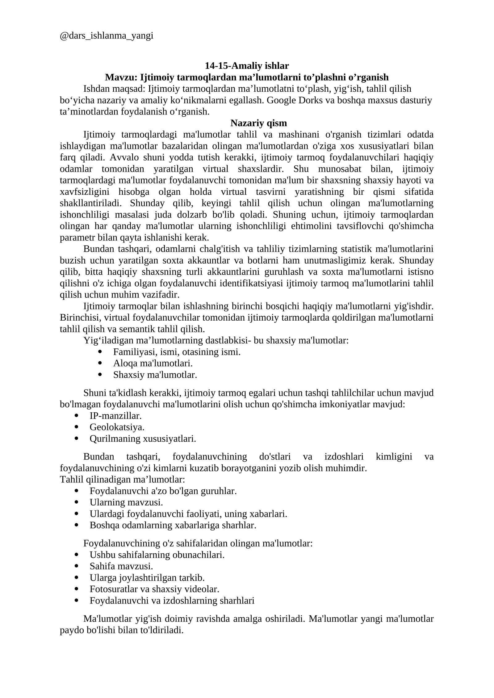 Ijtimoiy tarmoqlardan ma’lumotlarni to’plashni o’rganish