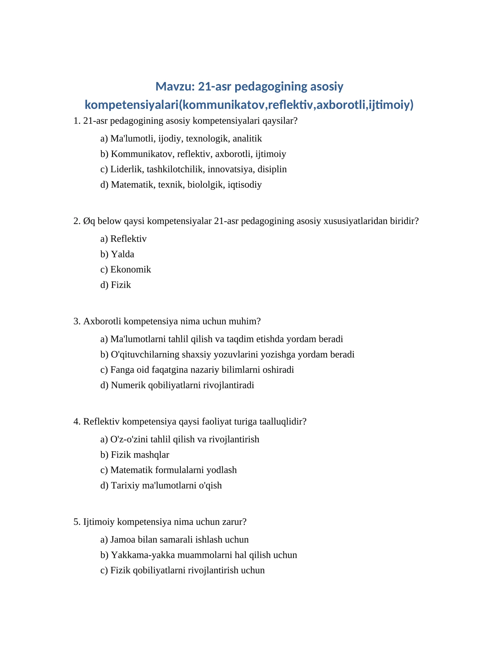21-asr Pedagogining Asosiy Kompetensiyalari