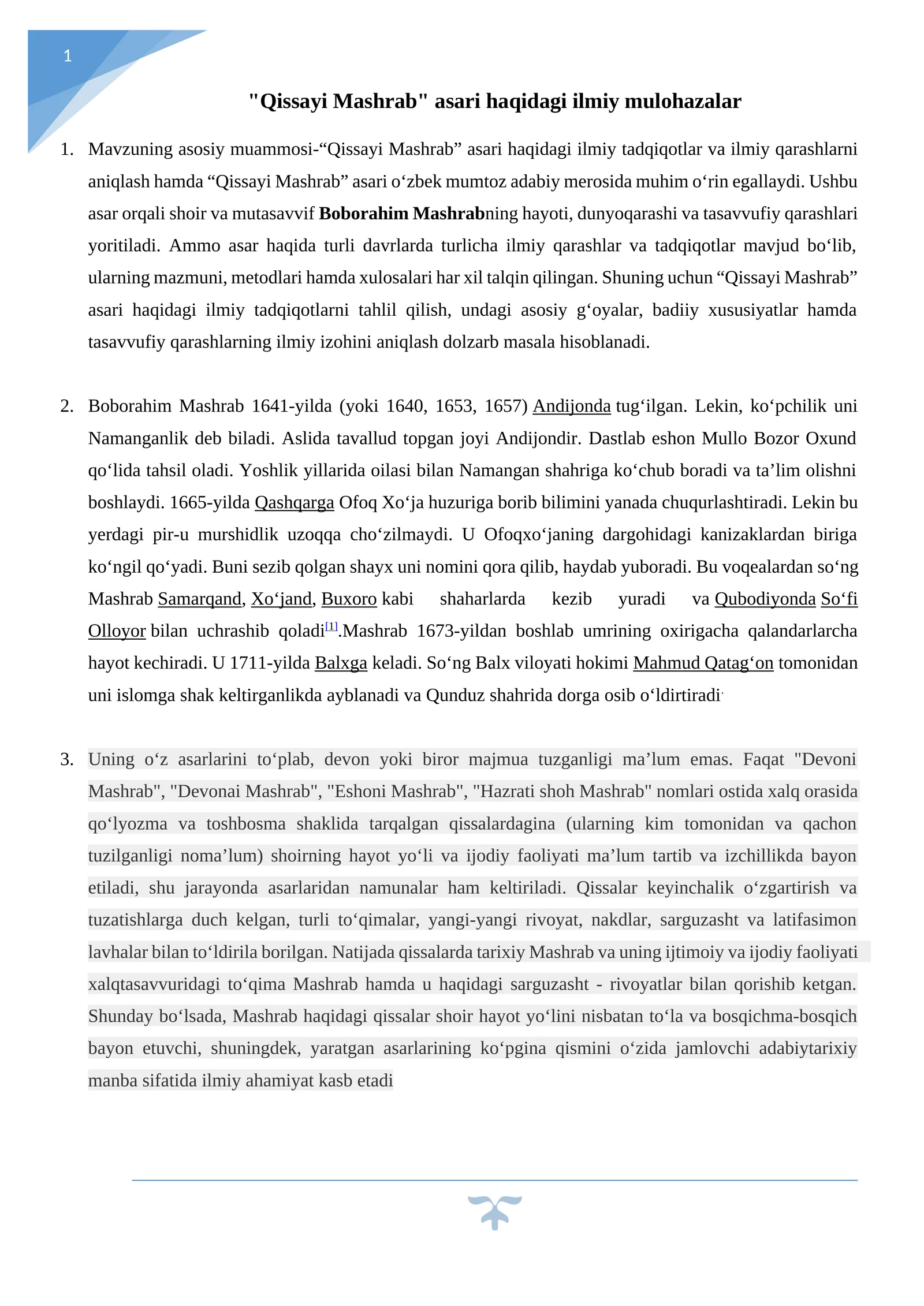 Qissayi Mashrab asari haqidagi ilmiy mulohazalar