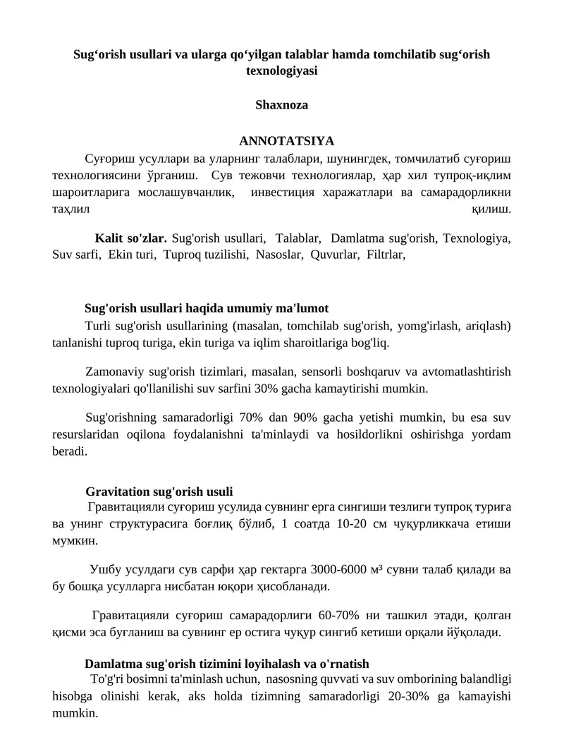 Sug'orish usullari va ularga qo'qilgan talablar hamda tomchilab sug'orish texnologiyasi