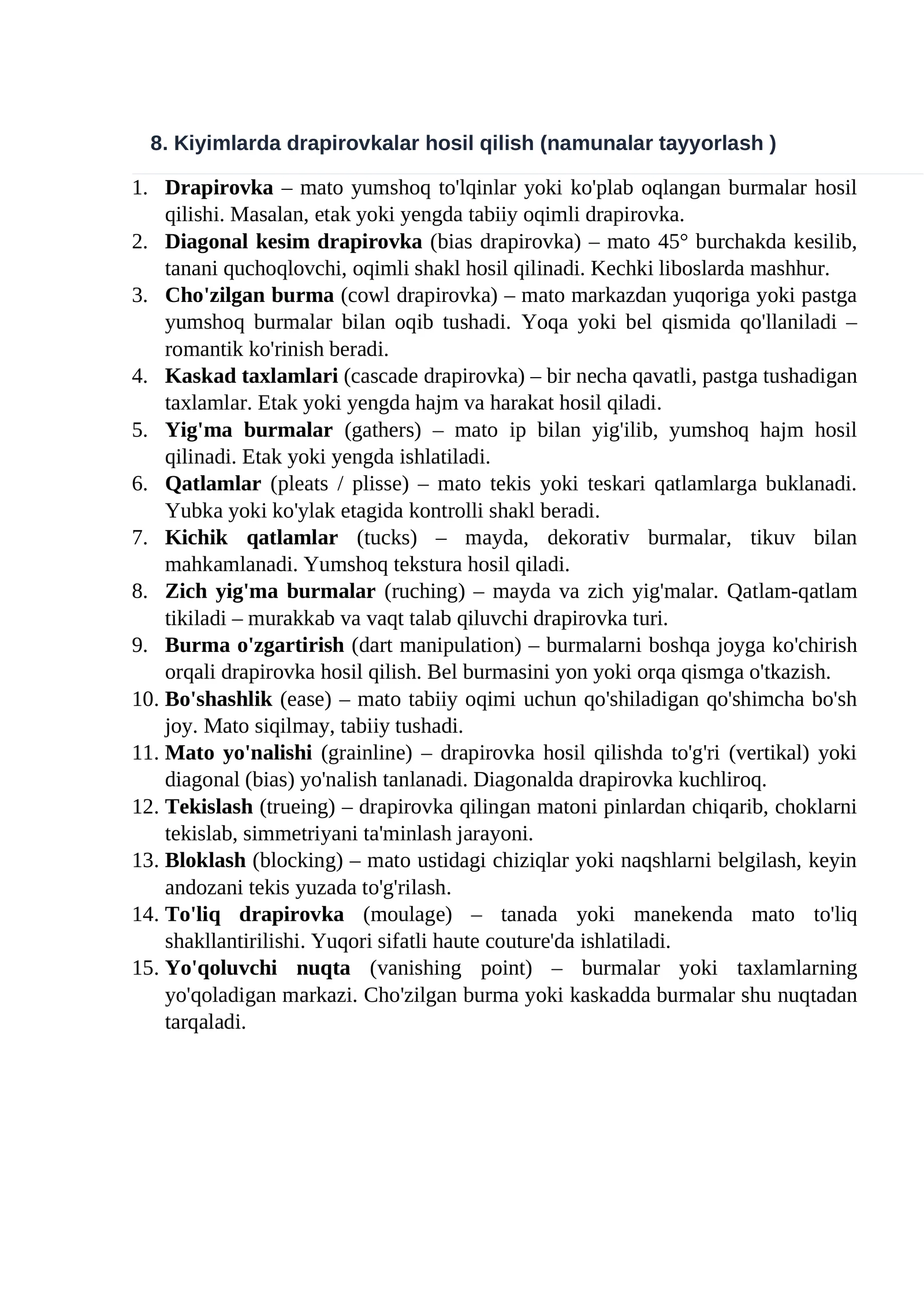 Kiyimlarda drapirovkalar hosil qilish (namunalar tayyorlash)