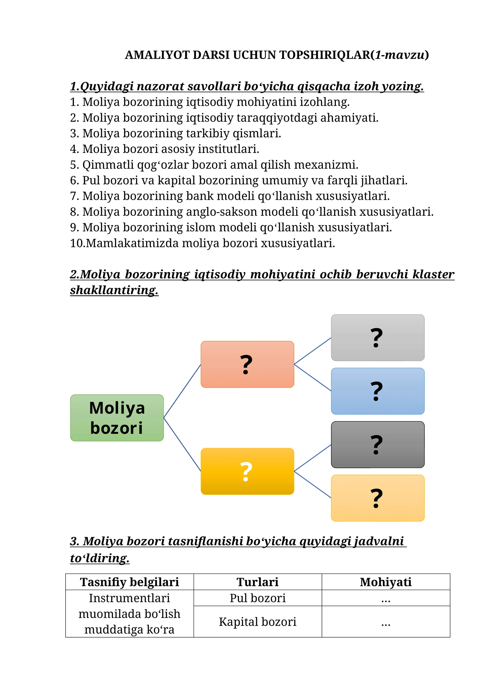 AMALIYOT DARSI UCHUN TOPSHIRIQLAR(1-mavzu)