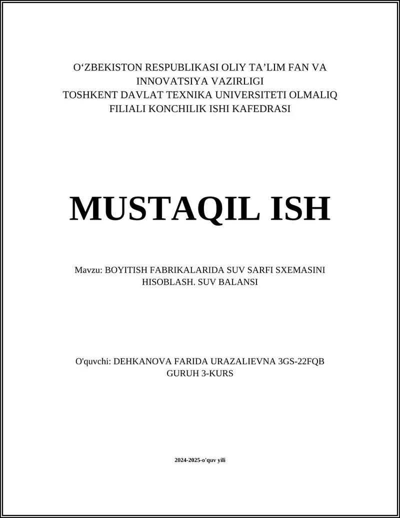 BOYITISH FABRIKALARIDA SUV SARFI SXEMASINI HISOBLASH