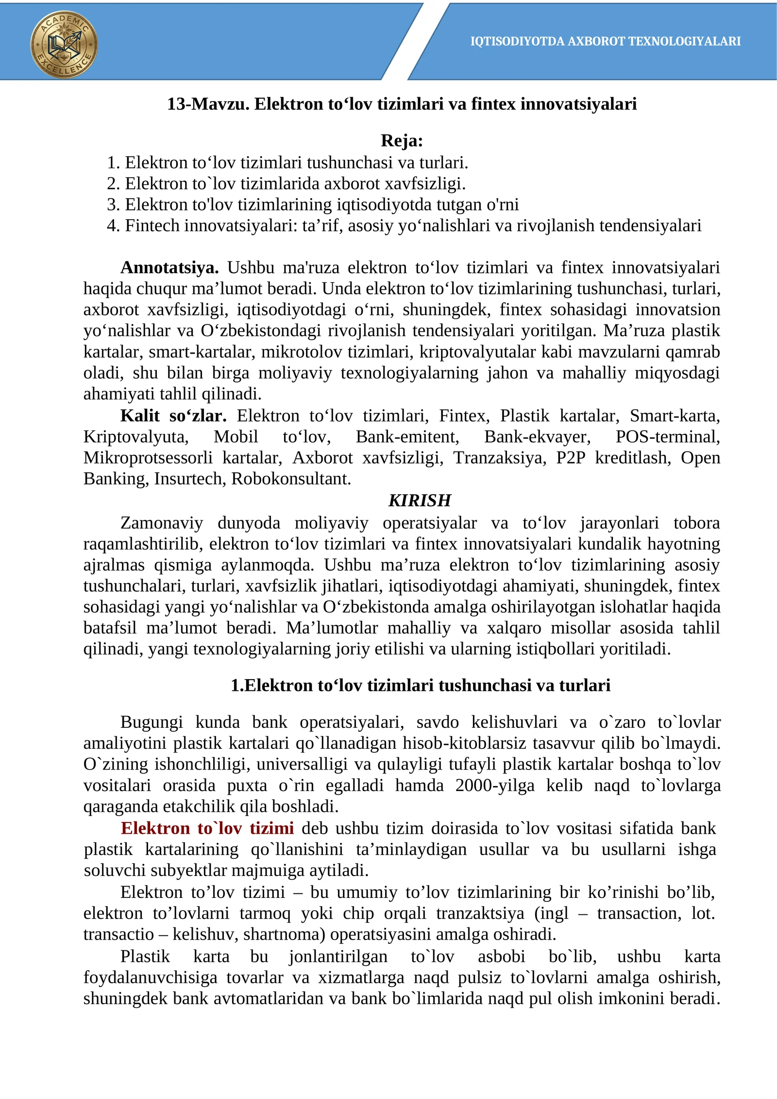 Elektron to‘lov tizimlari va fintex innovatsiyalari