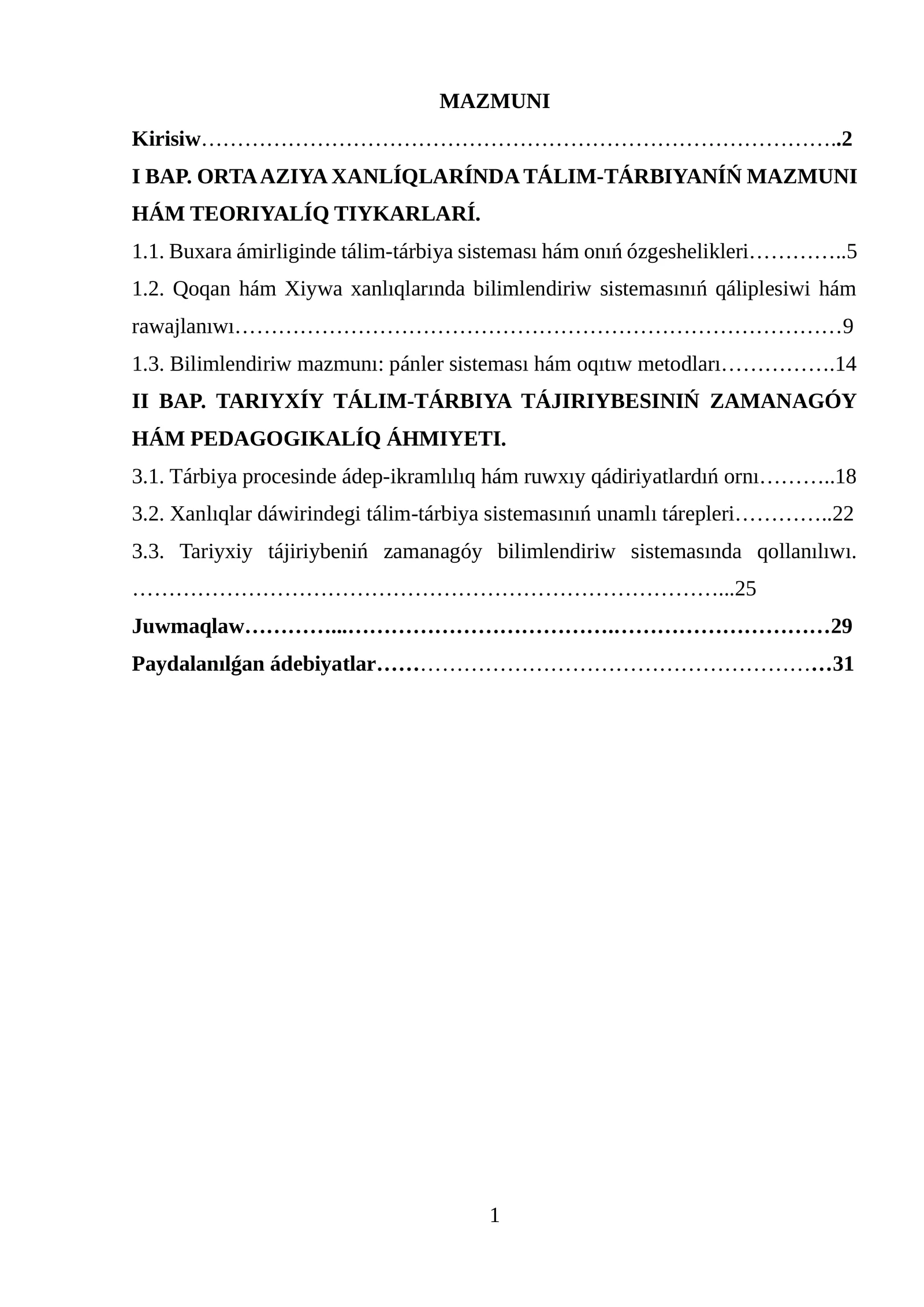ORTA AZIYA XANLÍQLARÍNDA TÁLIM-TÁRBIYANÍŃ MAZMUNI HÁM TEORIYALÍQ TIYKARLARÍ