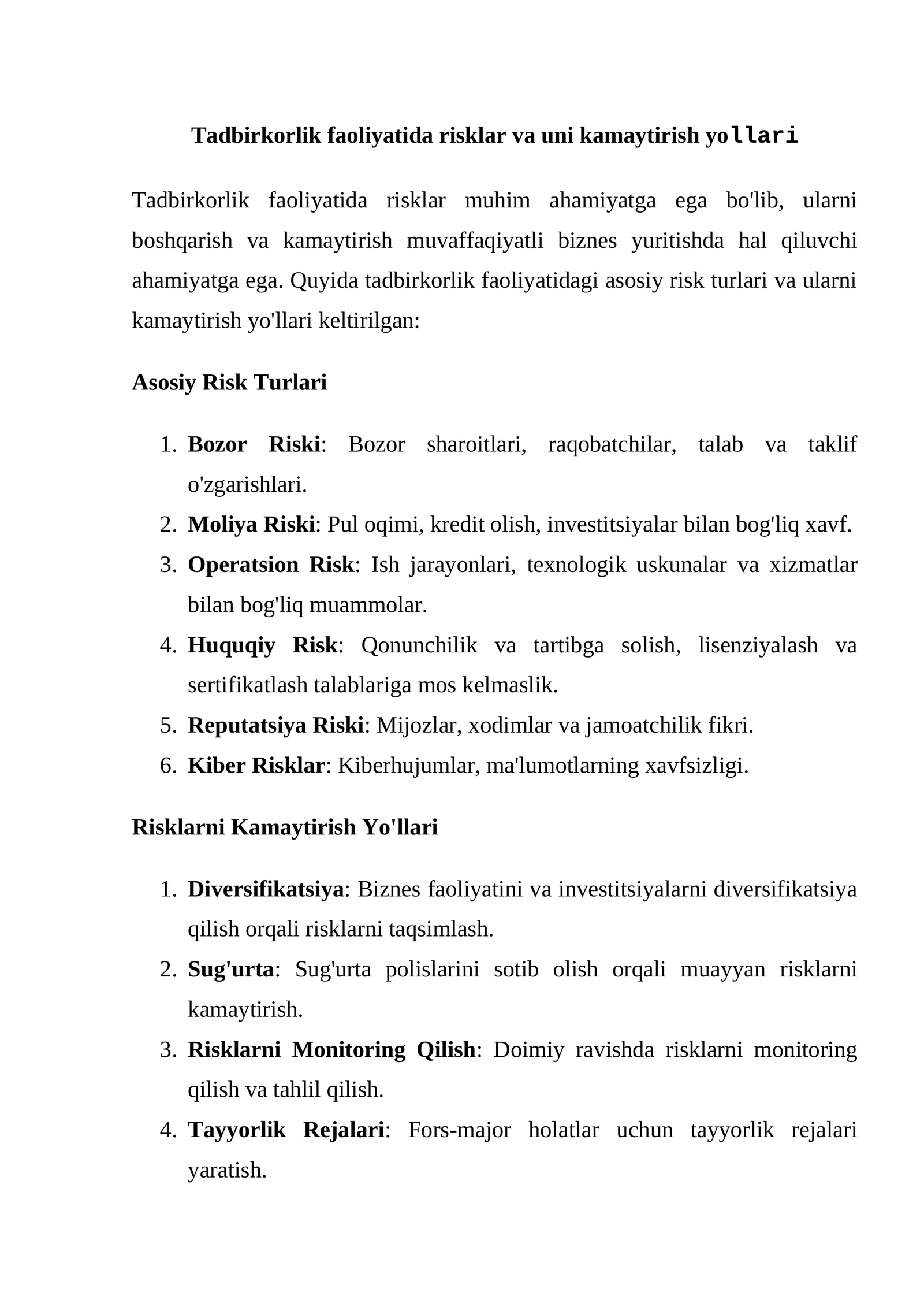 Tadbirkorlik faoliyatida risklar va uni kamaytirish yollari