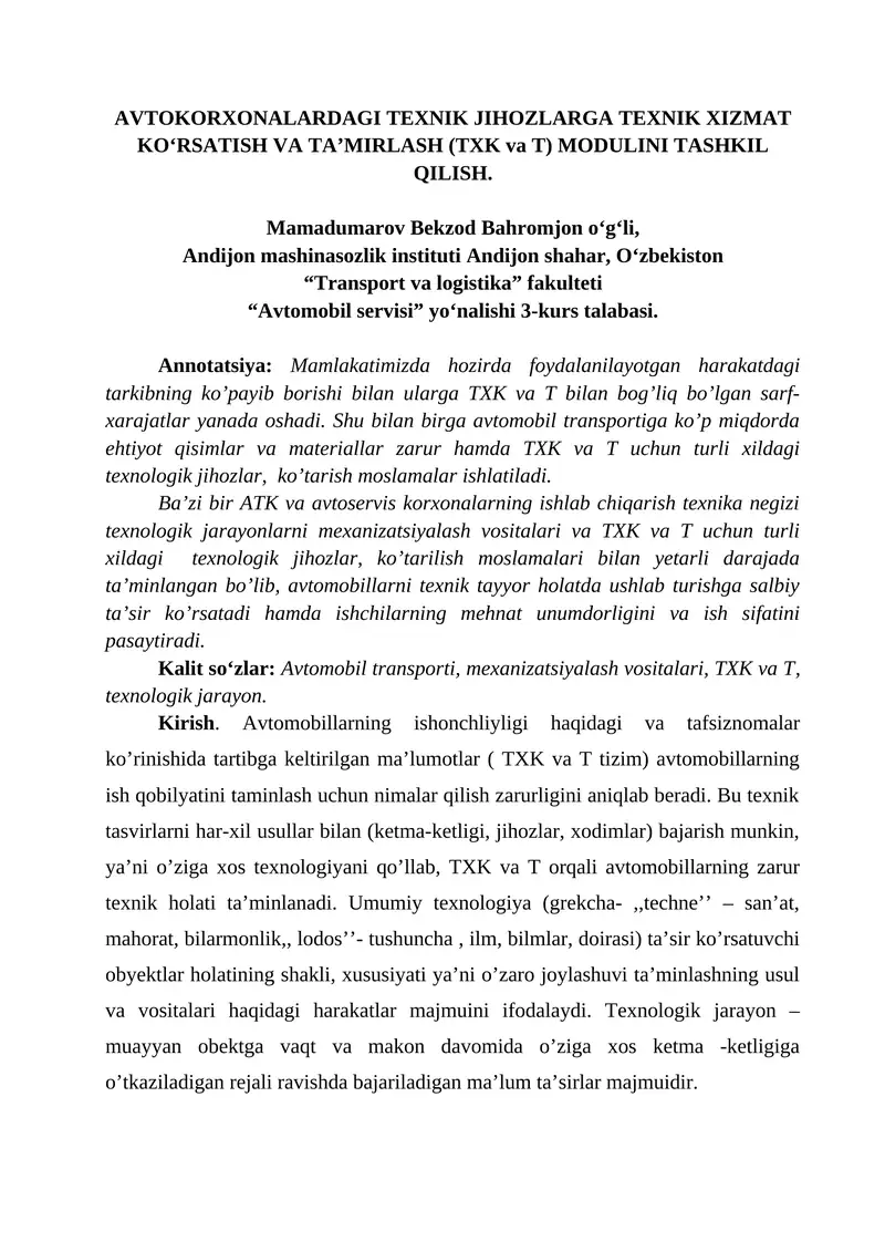 AVTOKORXONALARDAGI TEXNIK JIHOZLARGA TEXNIK XIZMAT KO‘RSATISH VA TA’MIRLASH (TXK va T) MODULINI TASHKIL QILISH