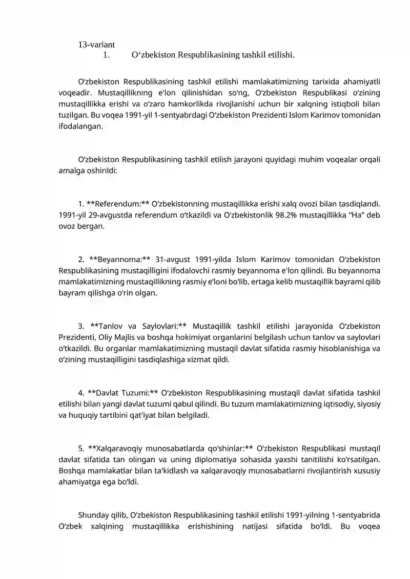 O‘zbekiston Respublikasining tashkil etilishi