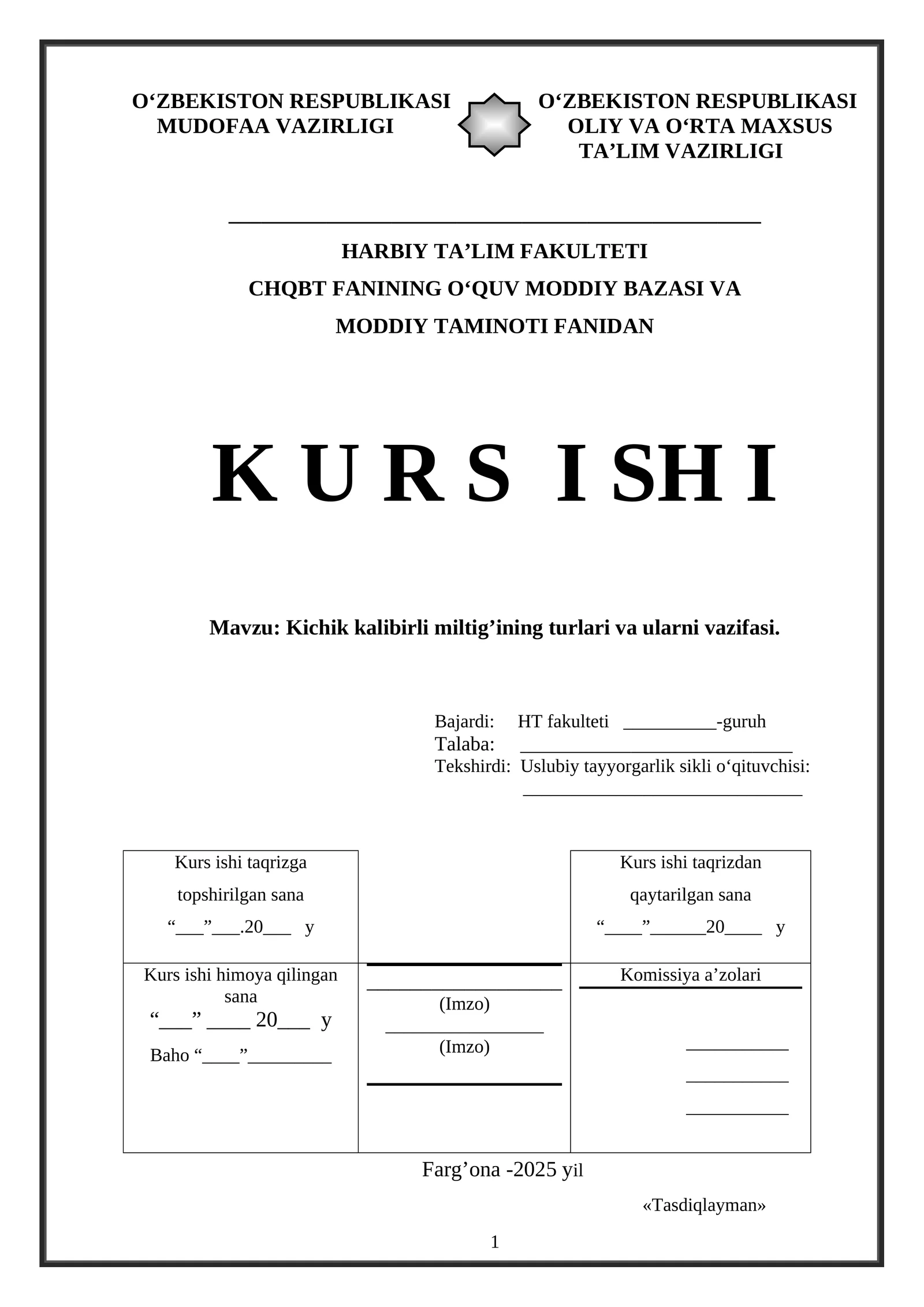 Kichik kalibirli miltig’ining turlari va ularni vazifasi.