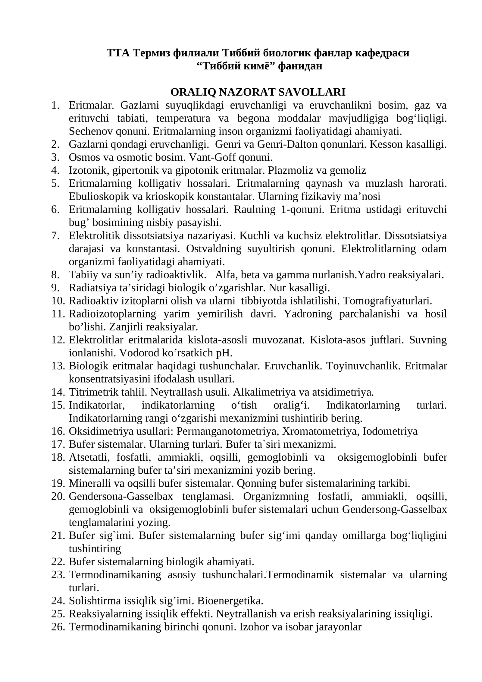 Eritmalar. Gazlarni suyuqlikdagi eruvchanligi va eruvchanlikni bosim, gaz va erituvchi tabiati, temperatura va begona moddalar mavjudligiga bog‘liqligi. Sechenov qonuni. Eritmalarning inson organizmi faoliyatidagi ahamiyati