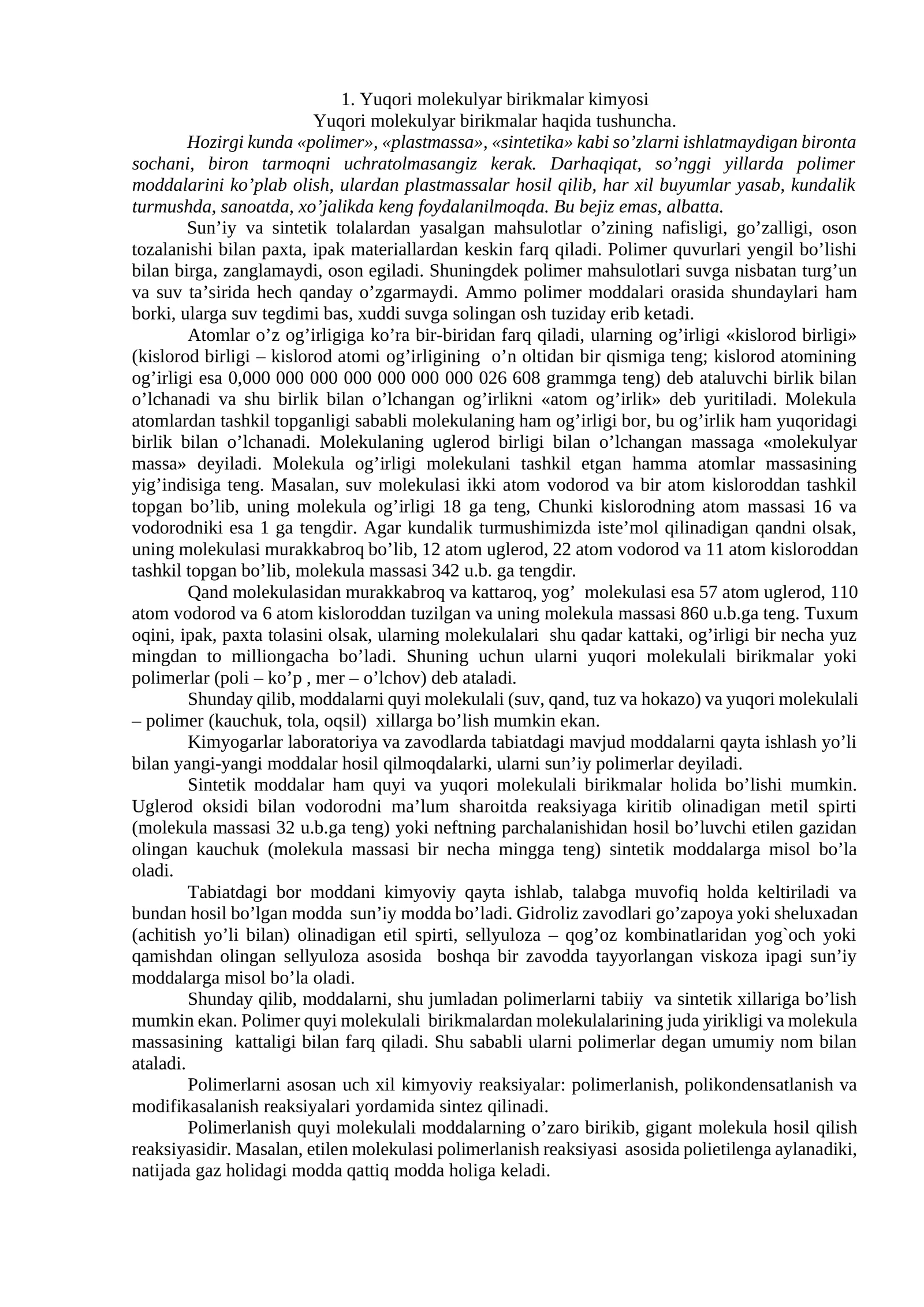 Yuqоri mоlеkulyar birikmаlаr kimyosi