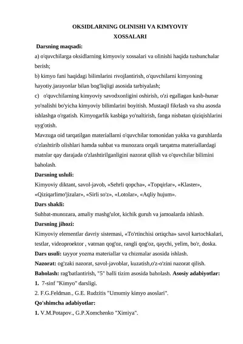 OKSIDLARNING OLINISHI VA KIMYOVIY XOSSALARI