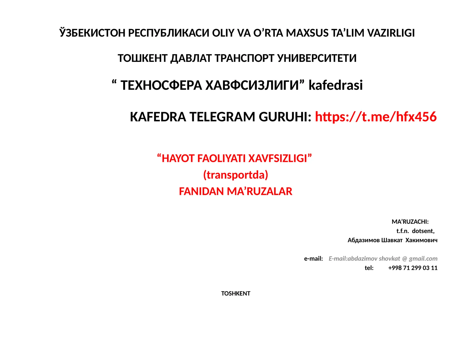 Ҳаёт фаолияти хавфсизлиги (транспортда)