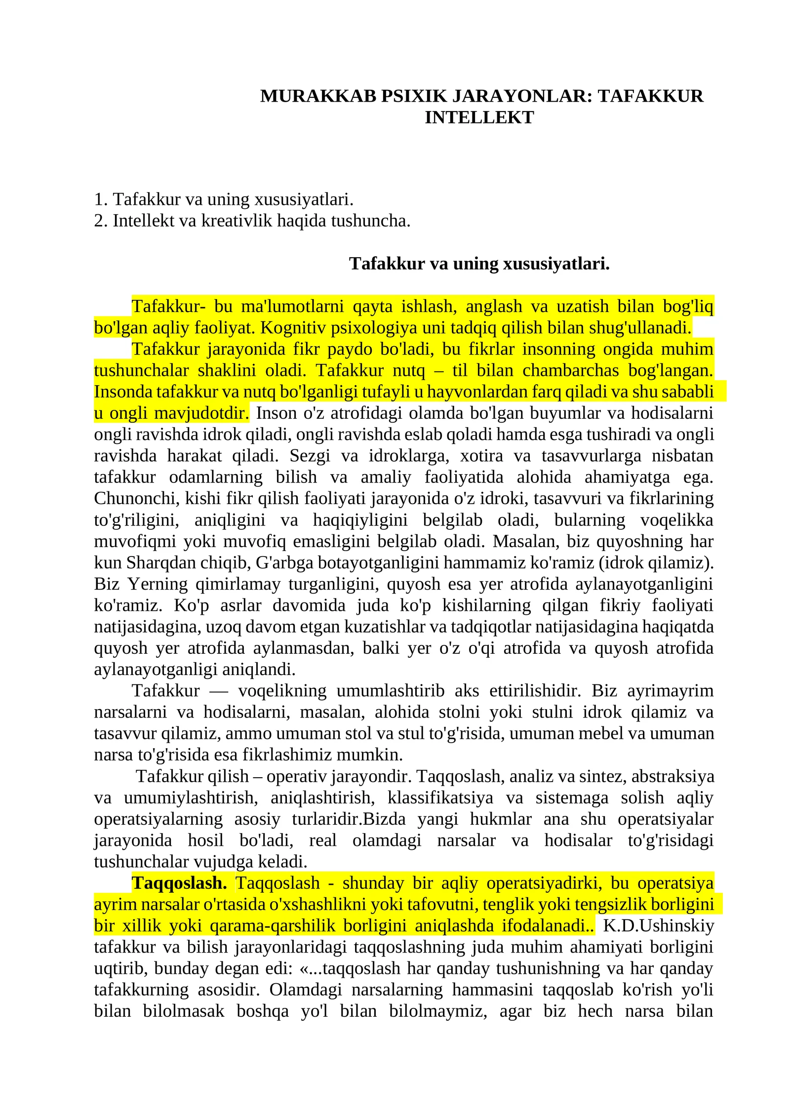 MURAKKAB PSIXIK JARAYONLAR: TAFAKKUR INTELLEKT