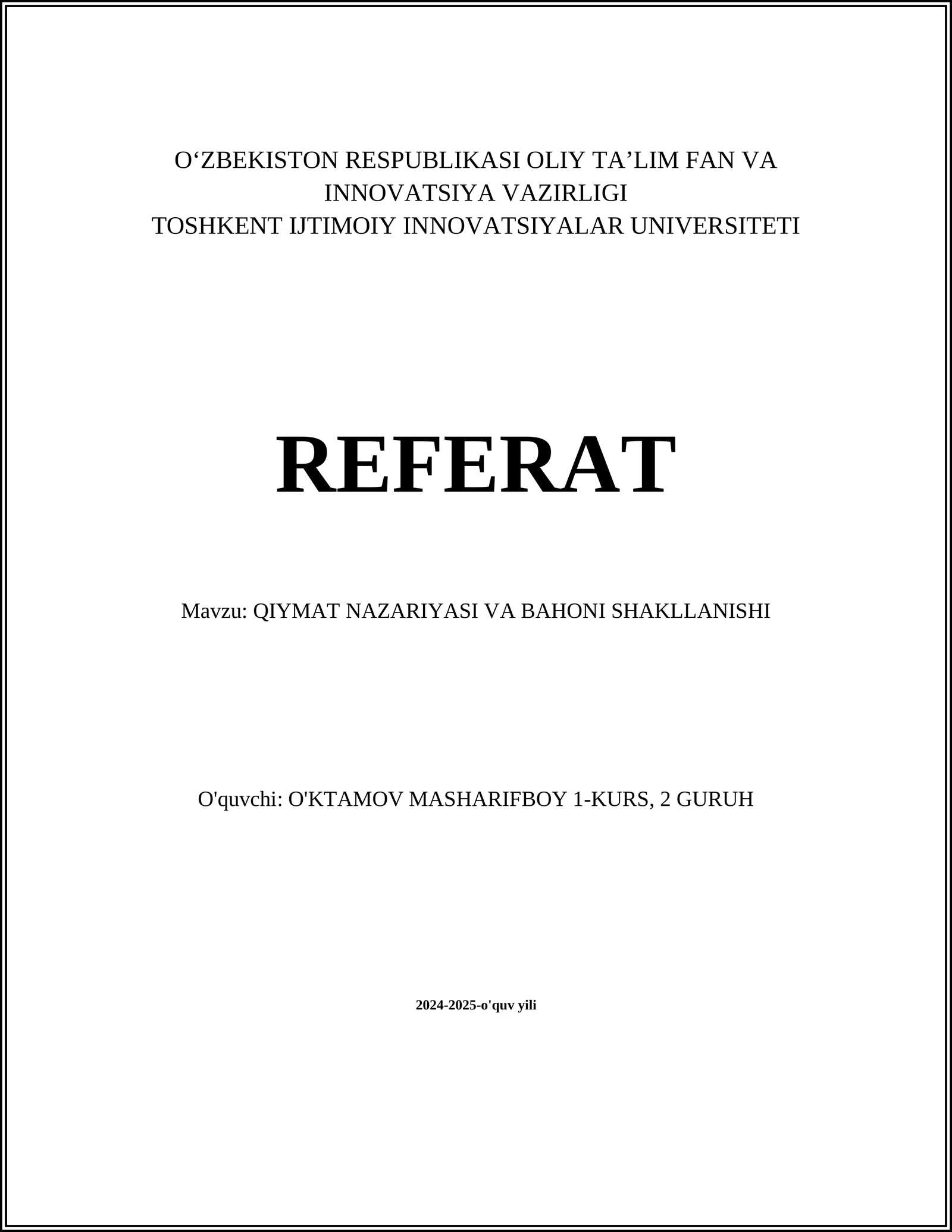 QIYMAT NAZARIYASI VA BAHONI SHAKLLANISHI