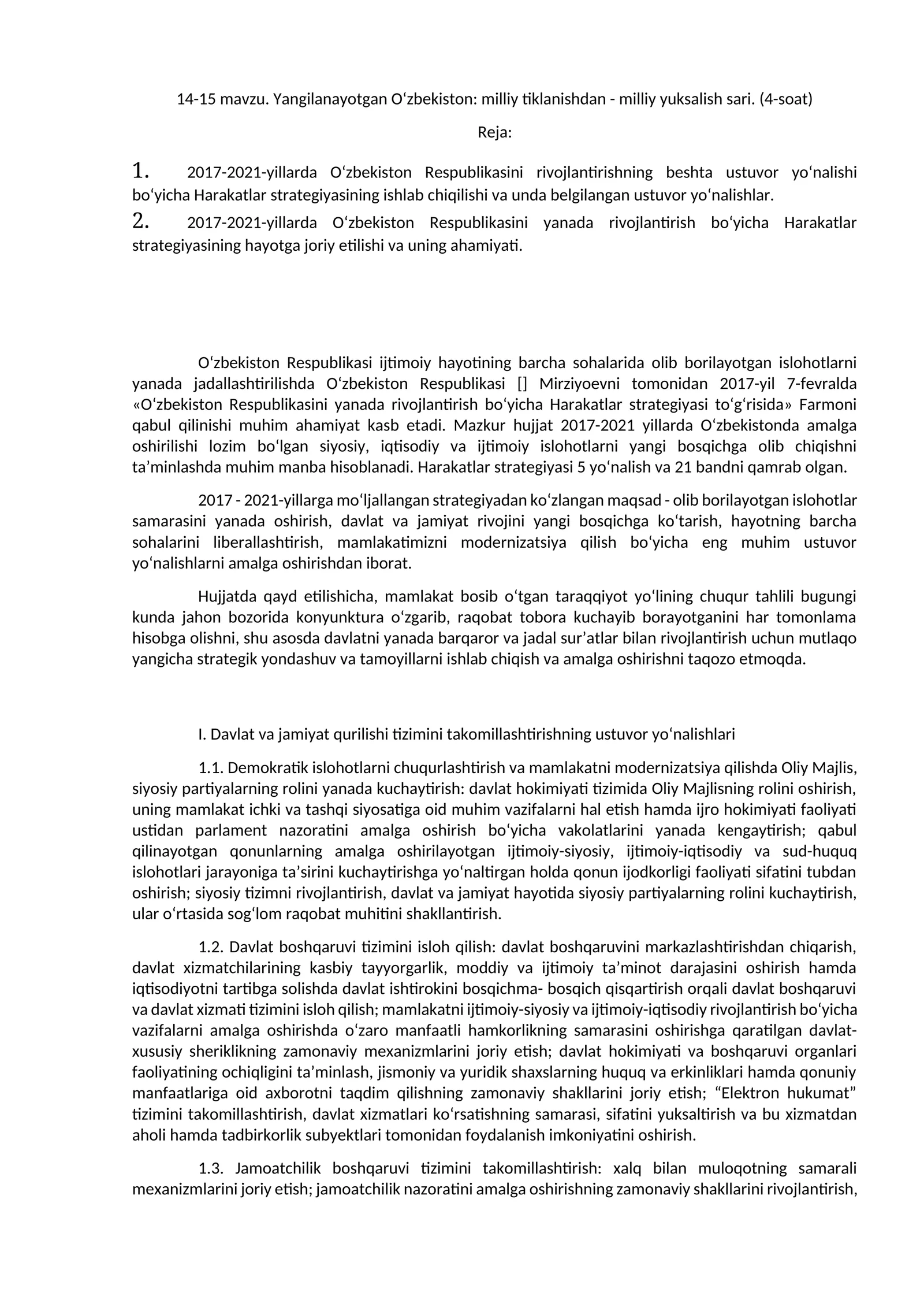 14-15 mavzu. Yangilanayotgan O‘zbekiston: milliy tiklanishdan - milliy yuksalish sari