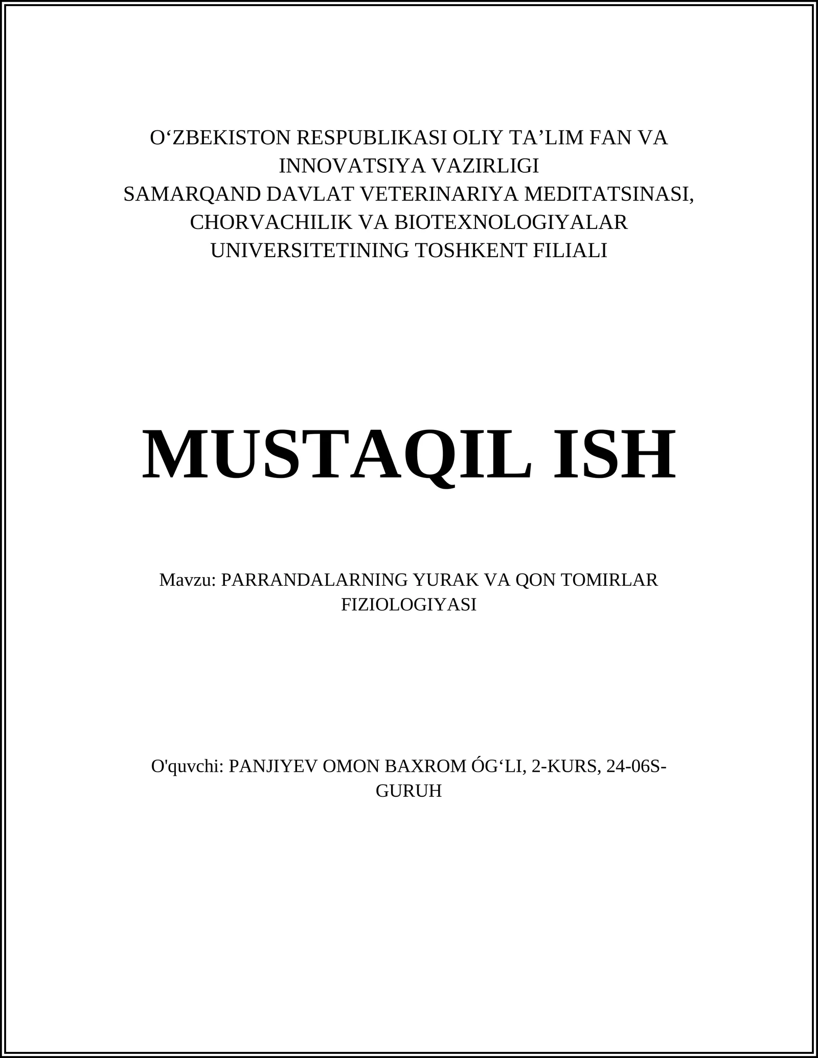 PARRANDALARNING YURAK VA QON TOMIRLAR FIZIOLOGIYASI