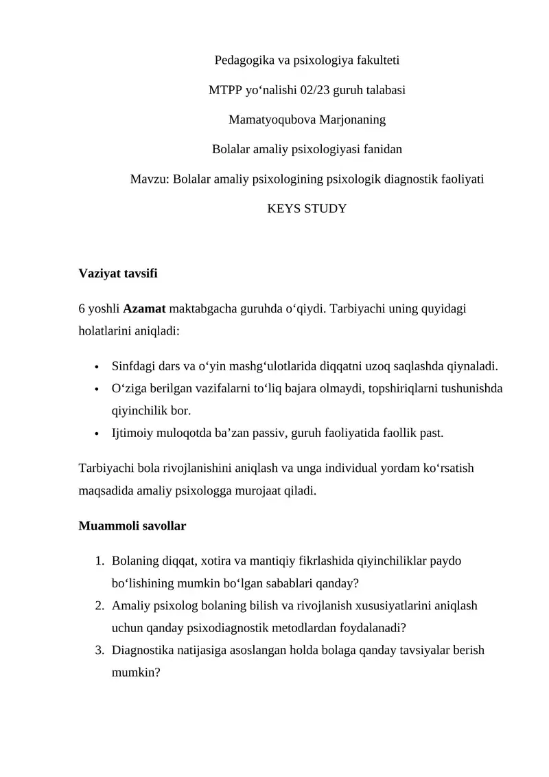 Mamatyoqubova Marjonaning