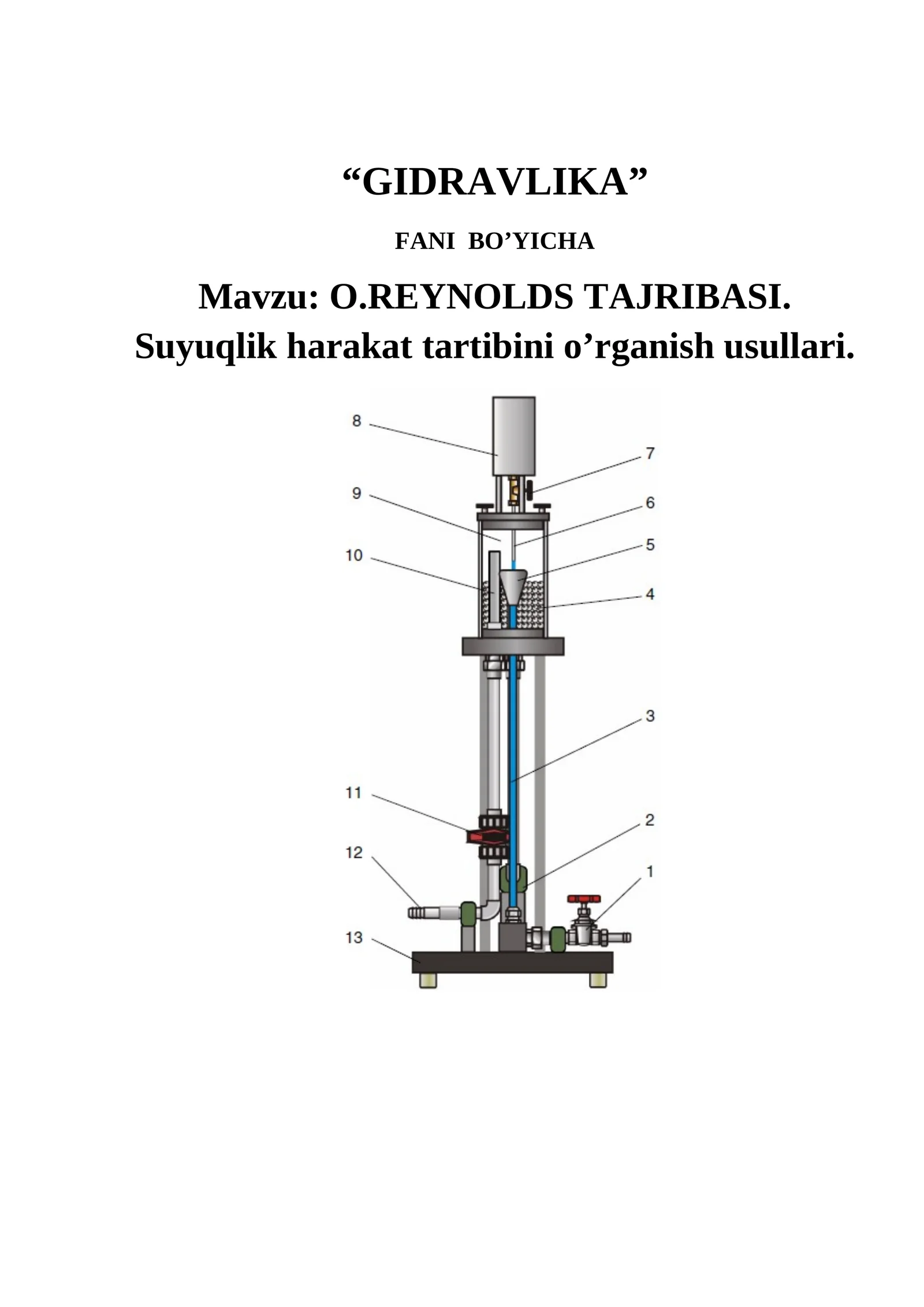 REYNOLDS TAJRIBASI. Suyuqlik harakat tartibini o’rganish usullari