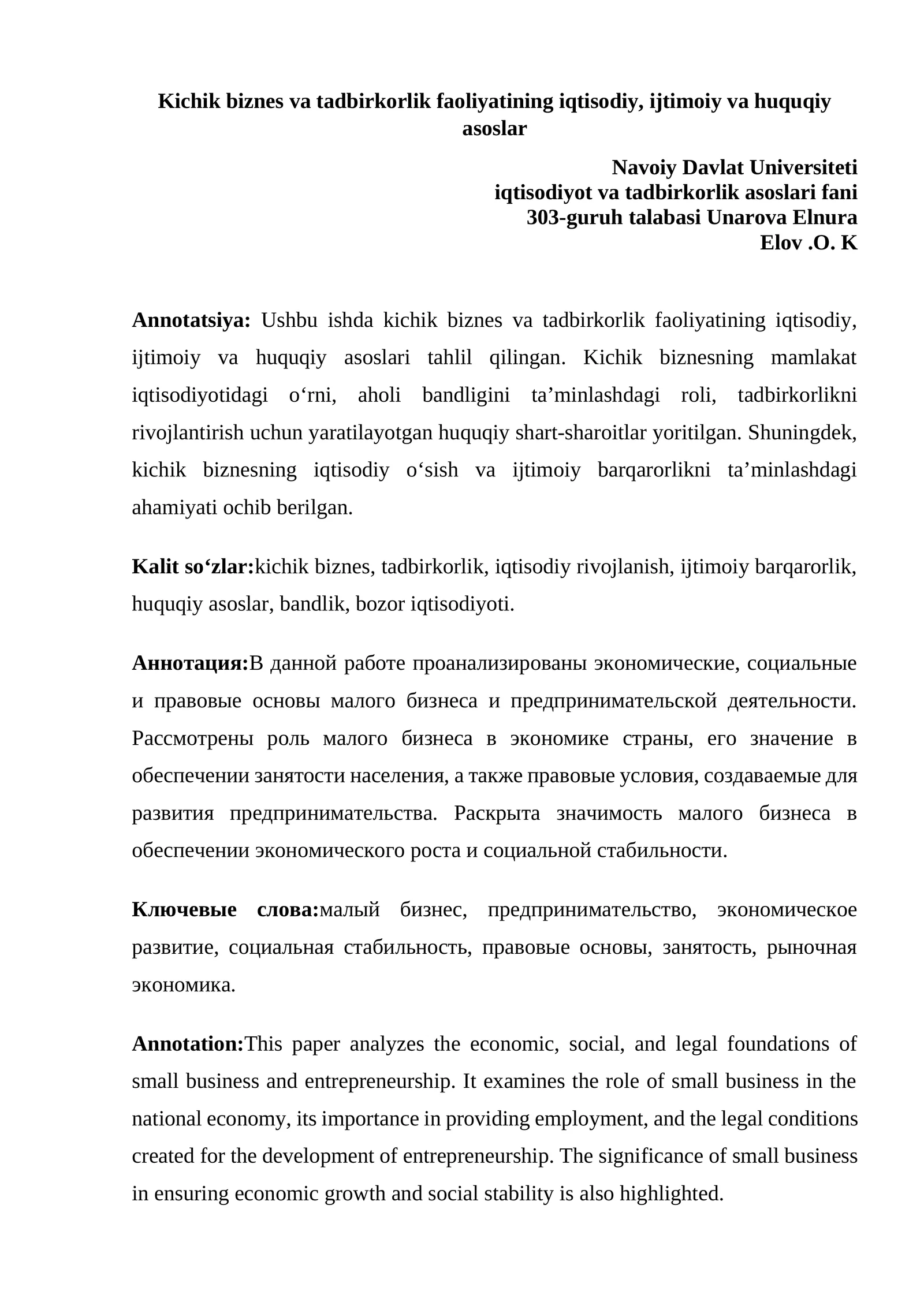 Kichik biznes va tadbirkorlik faoliyatining iqtisodiy, ijtimoiy va huquqiy asoslar