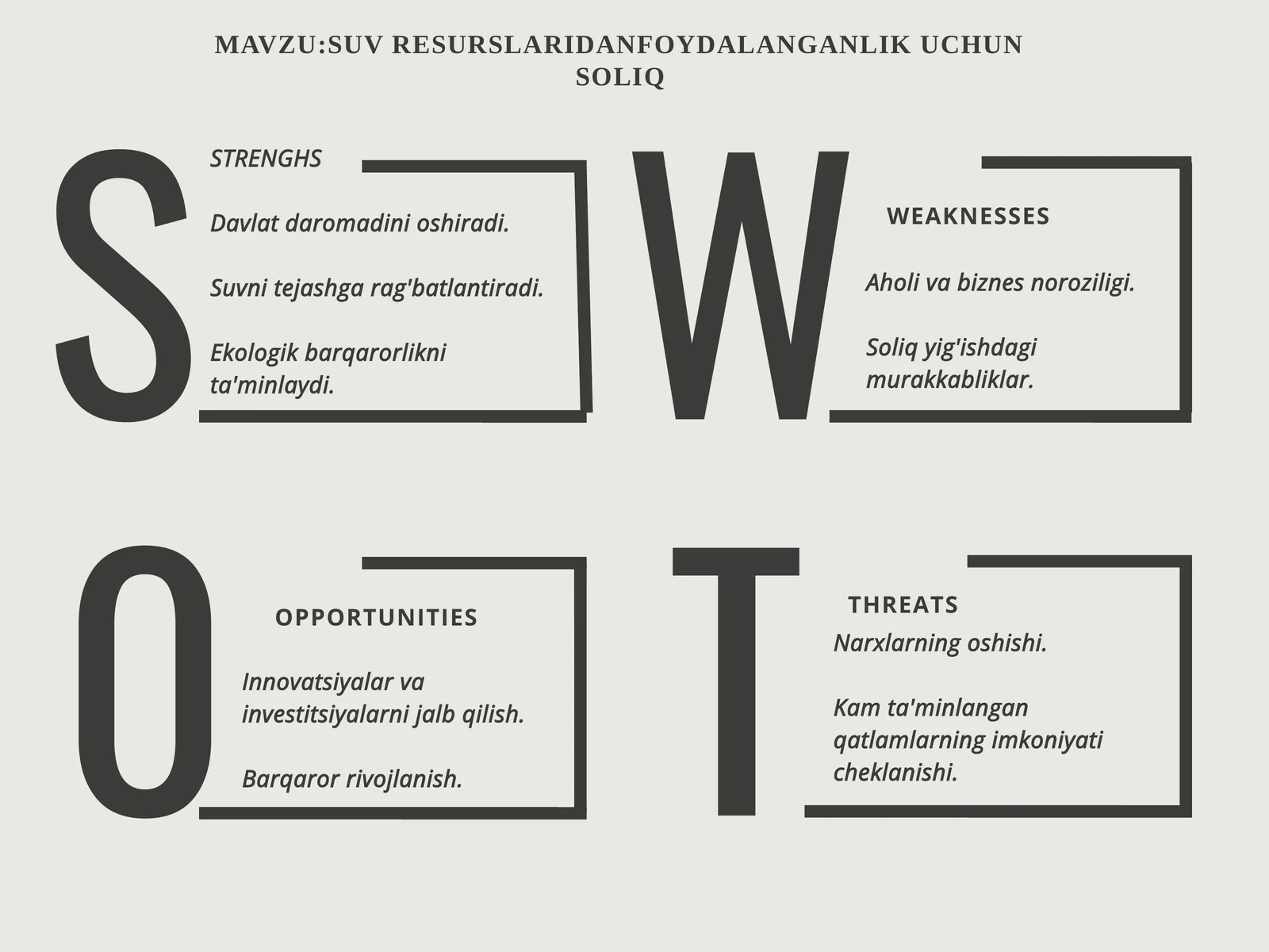 MAVZU:SUV RESURSLARIDANFOYDALANGANLIK UCHUN SOLIQ