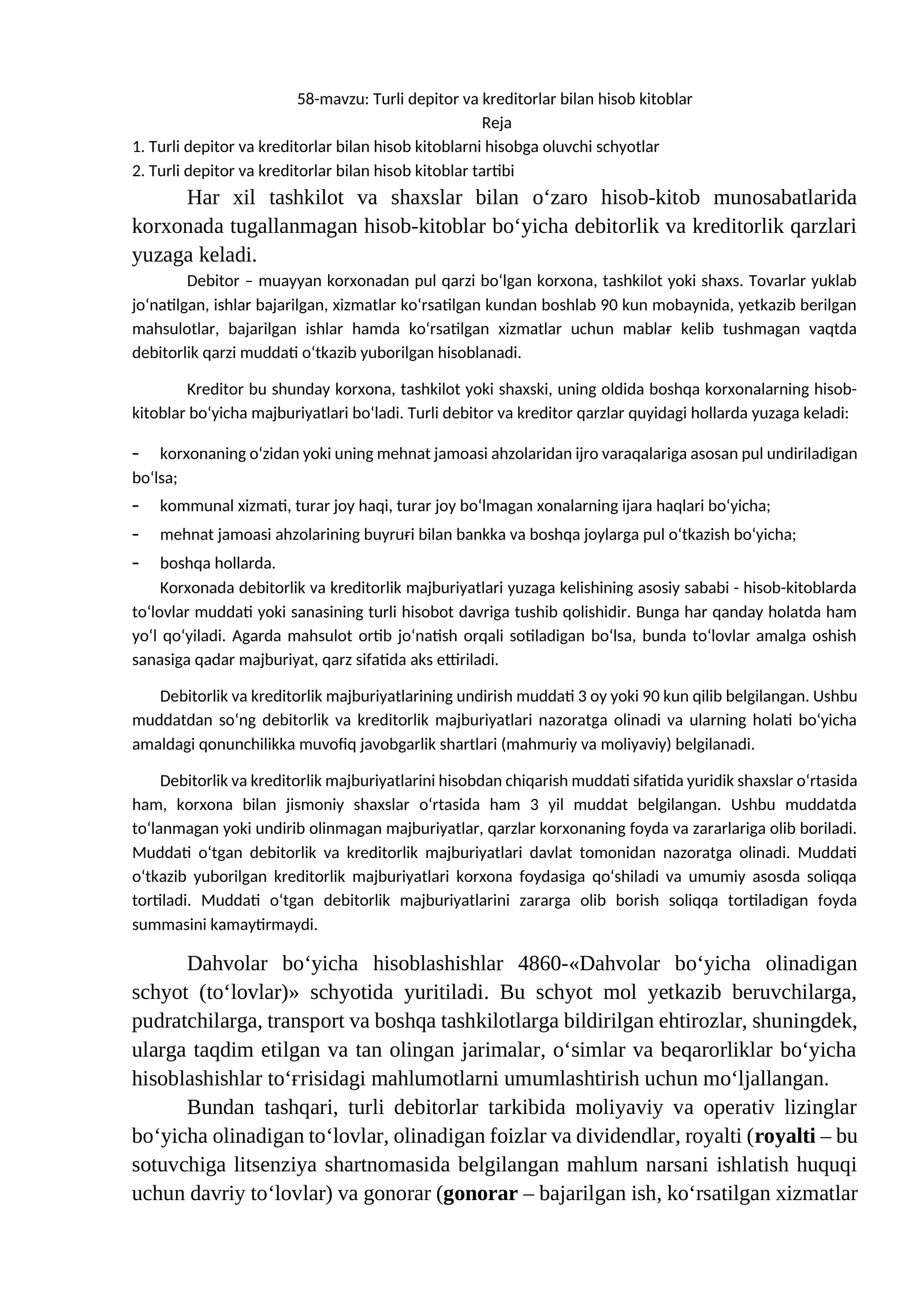 Turli depitor va kreditorlar bilan hisob kitoblar